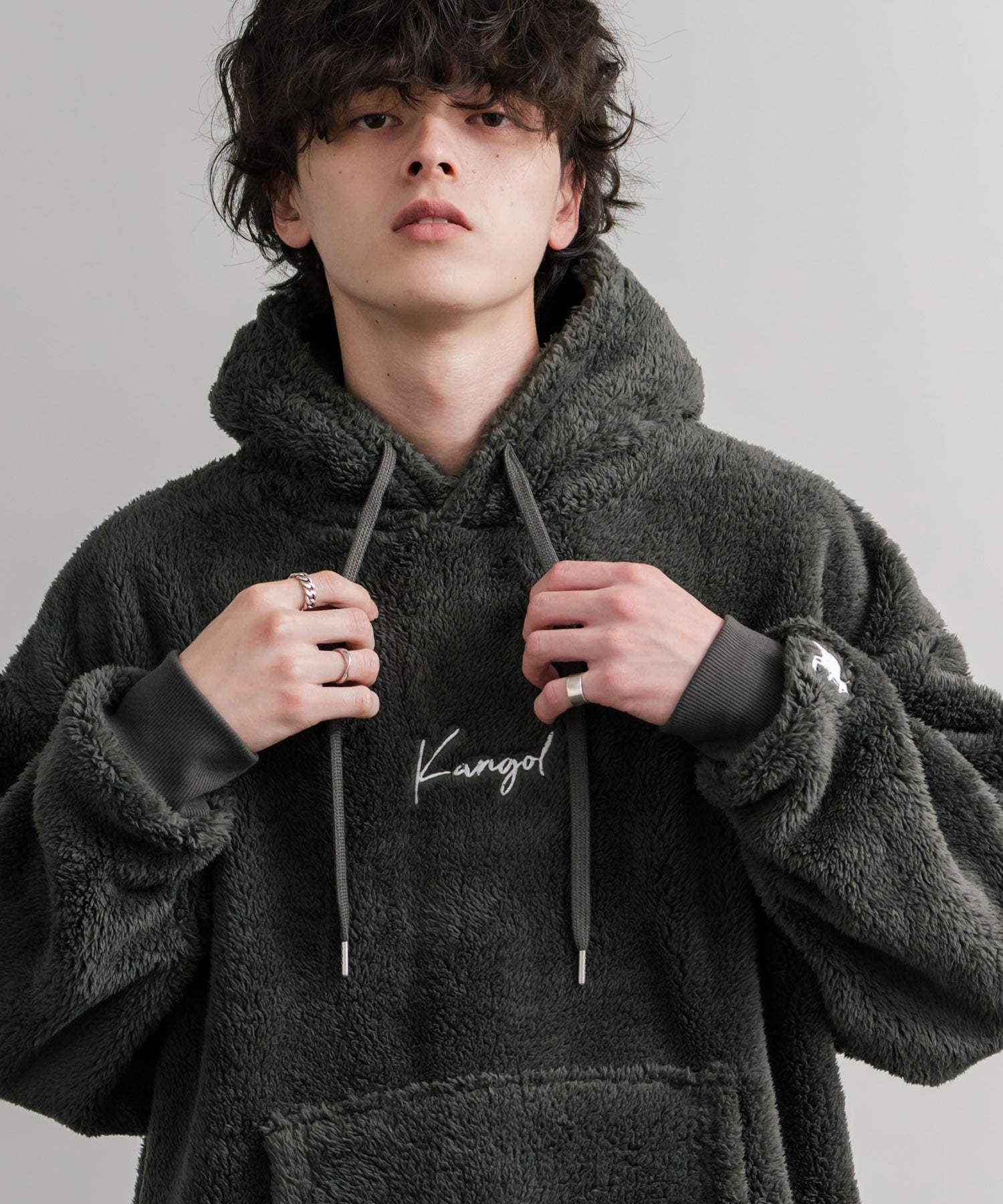 KANGOL カンゴール 別注コラボ ロゴ刺繍シャギーボアフリースプルオーバーパーカー 14624