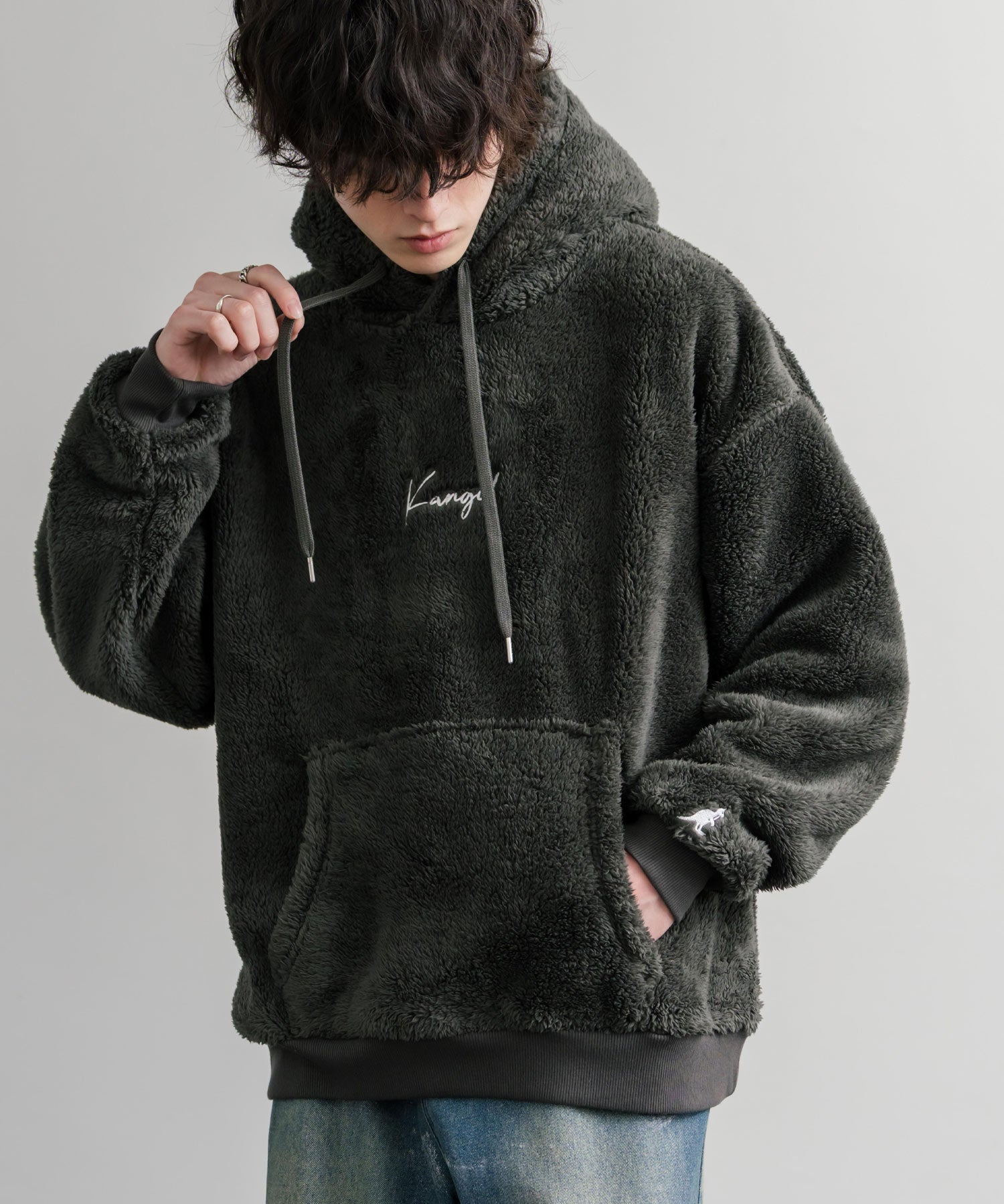 KANGOL カンゴール 別注コラボ ロゴ刺繍シャギーボアフリースプルオーバーパーカー 14624