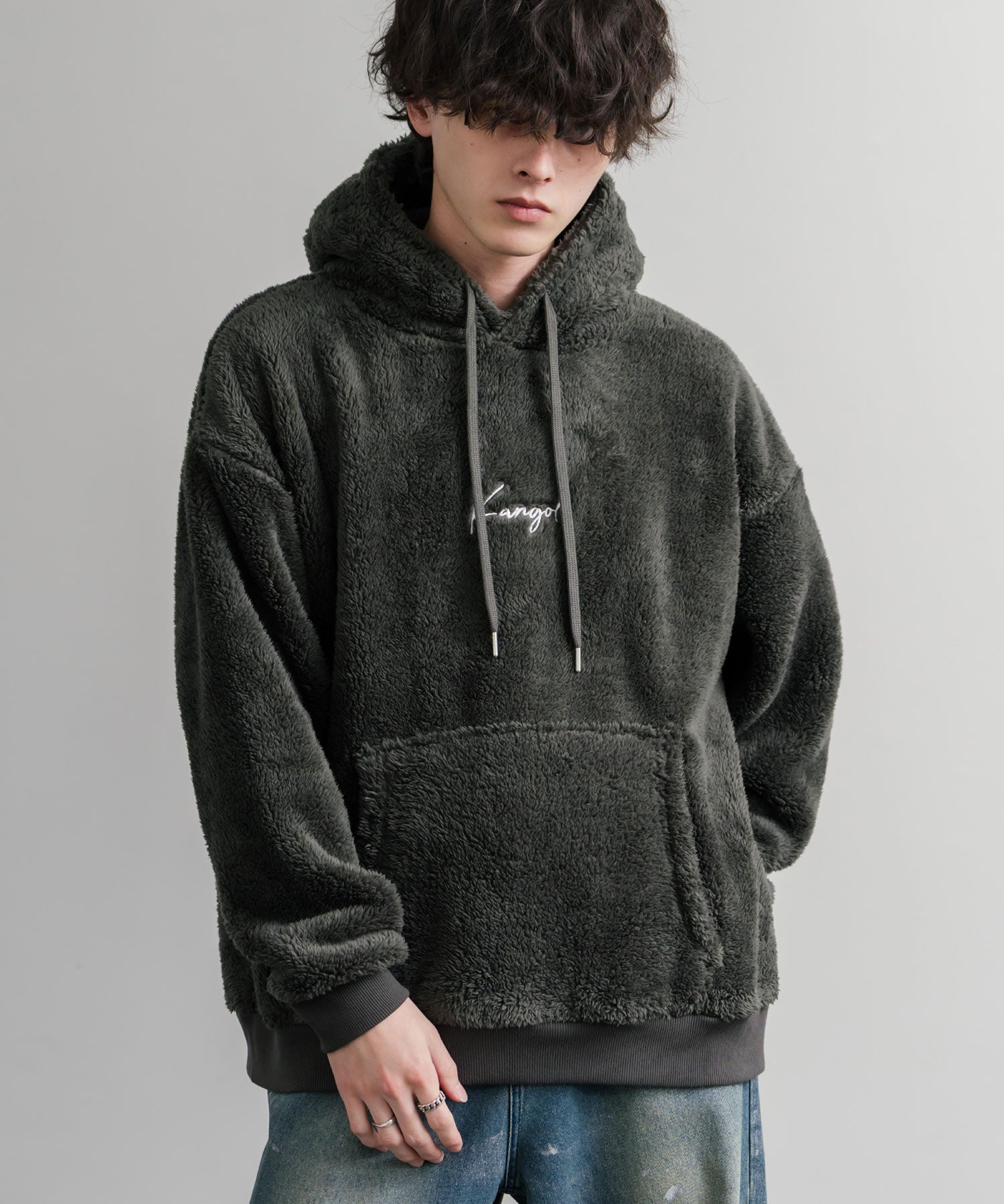 KANGOL カンゴール 別注コラボ ロゴ刺繍シャギーボアフリースプルオーバーパーカー 14624