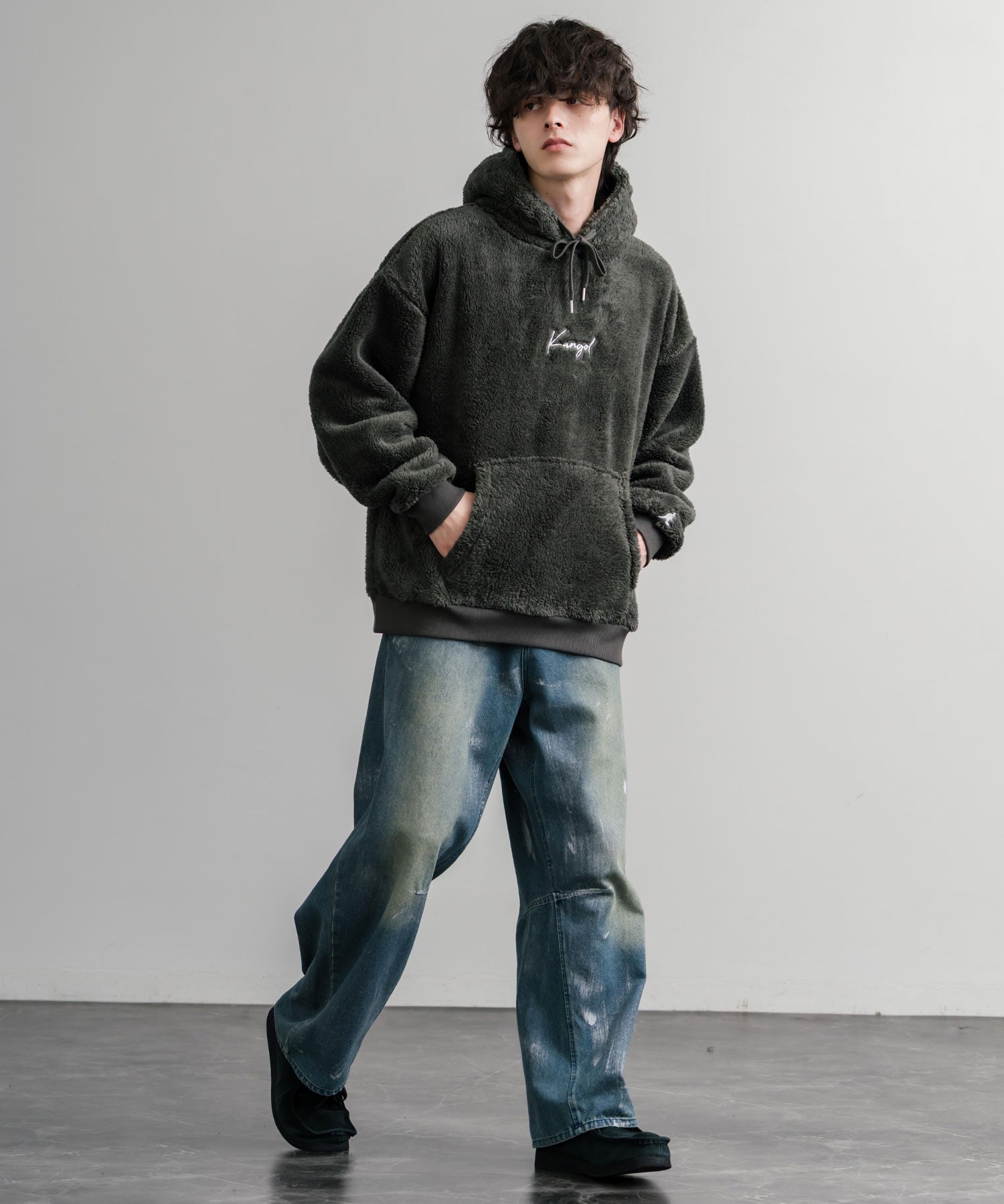 KANGOL カンゴール 別注コラボ ロゴ刺繍シャギーボアフリースプルオーバーパーカー 14624