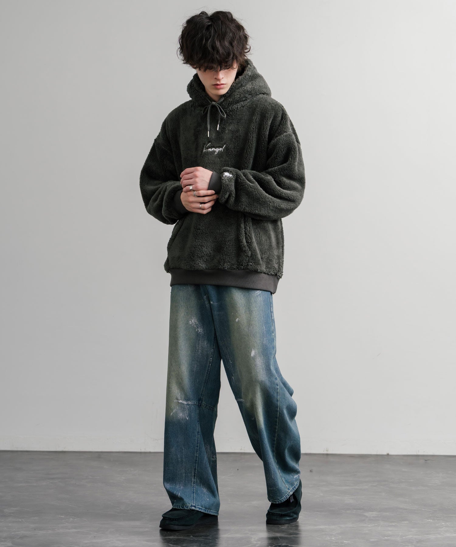 KANGOL カンゴール 別注コラボ ロゴ刺繍シャギーボアフリースプルオーバーパーカー 14624
