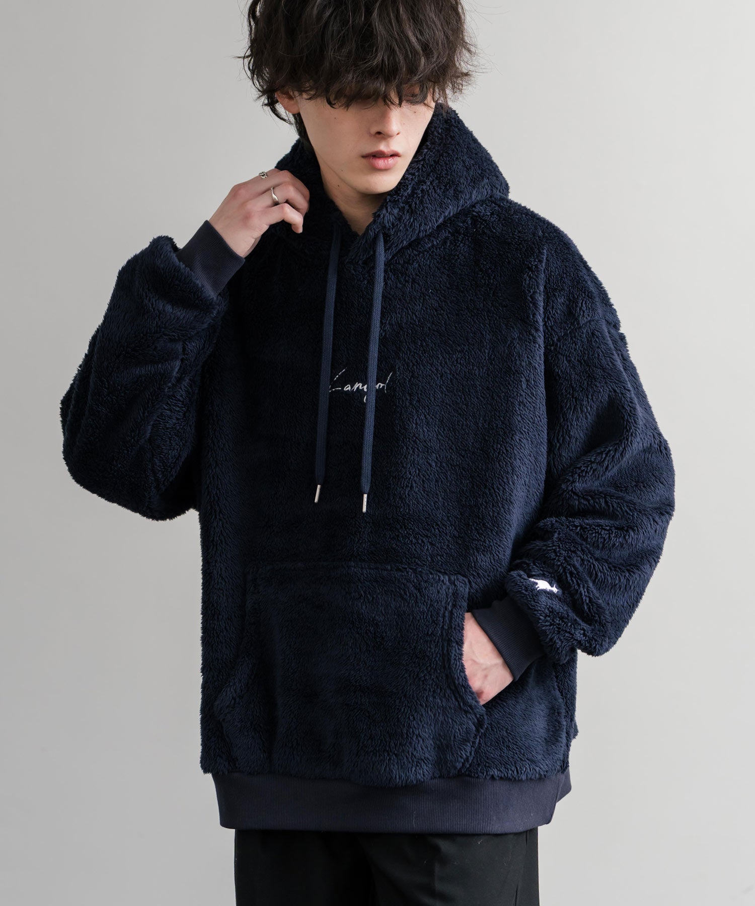 KANGOL カンゴール 別注コラボ ロゴ刺繍シャギーボアフリースプルオーバーパーカー 14624