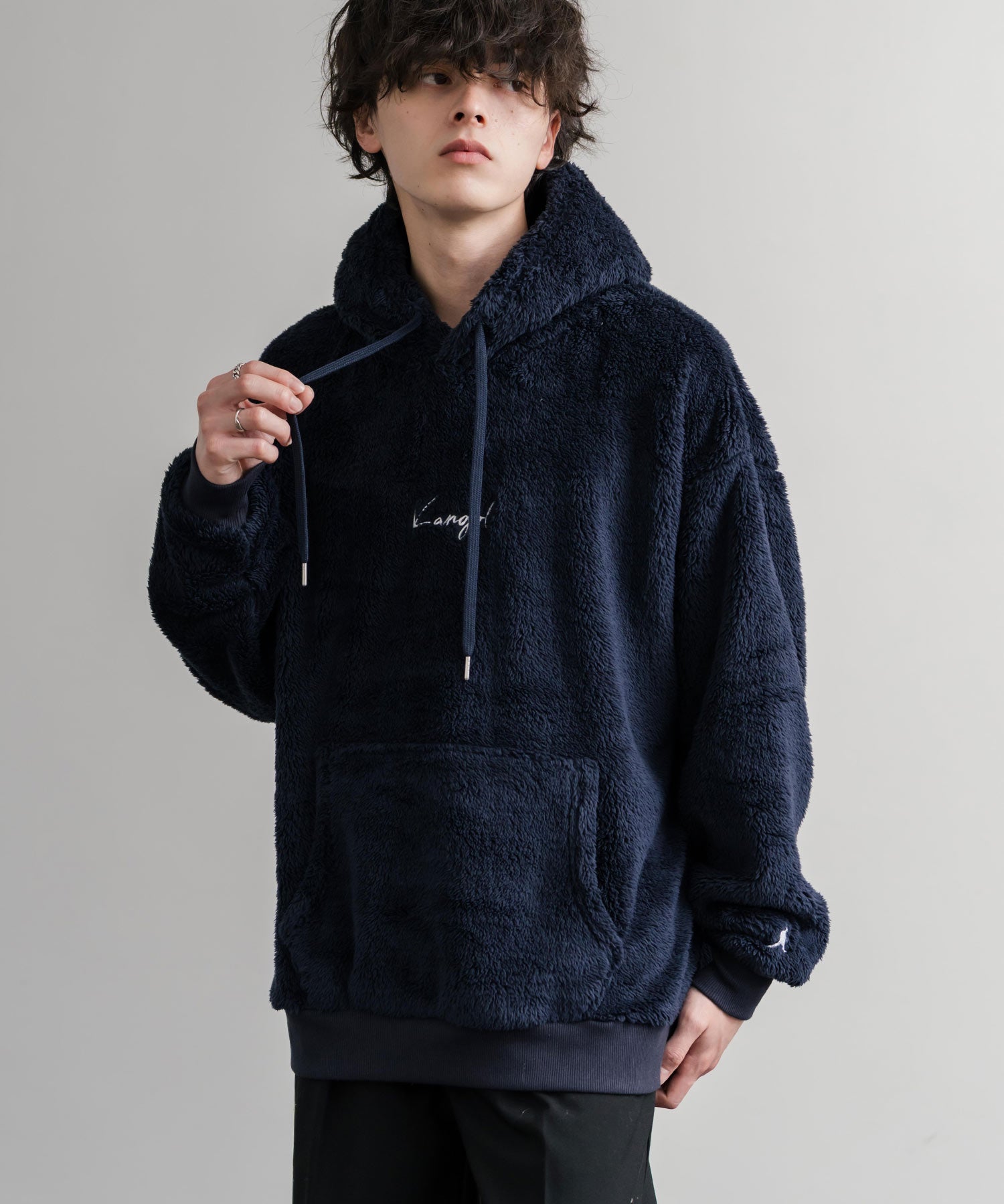 KANGOL カンゴール 別注コラボ ロゴ刺繍シャギーボアフリースプルオーバーパーカー 14624