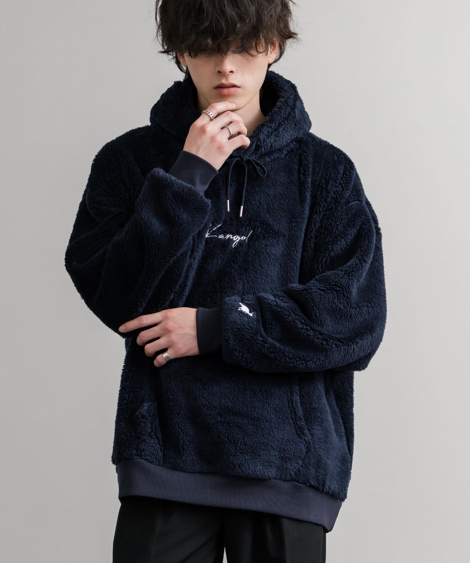 新色追加 KANGOL カンゴール 別注コラボ ロゴ刺繍シャギーボアフリースプルオーバーパーカー 14624