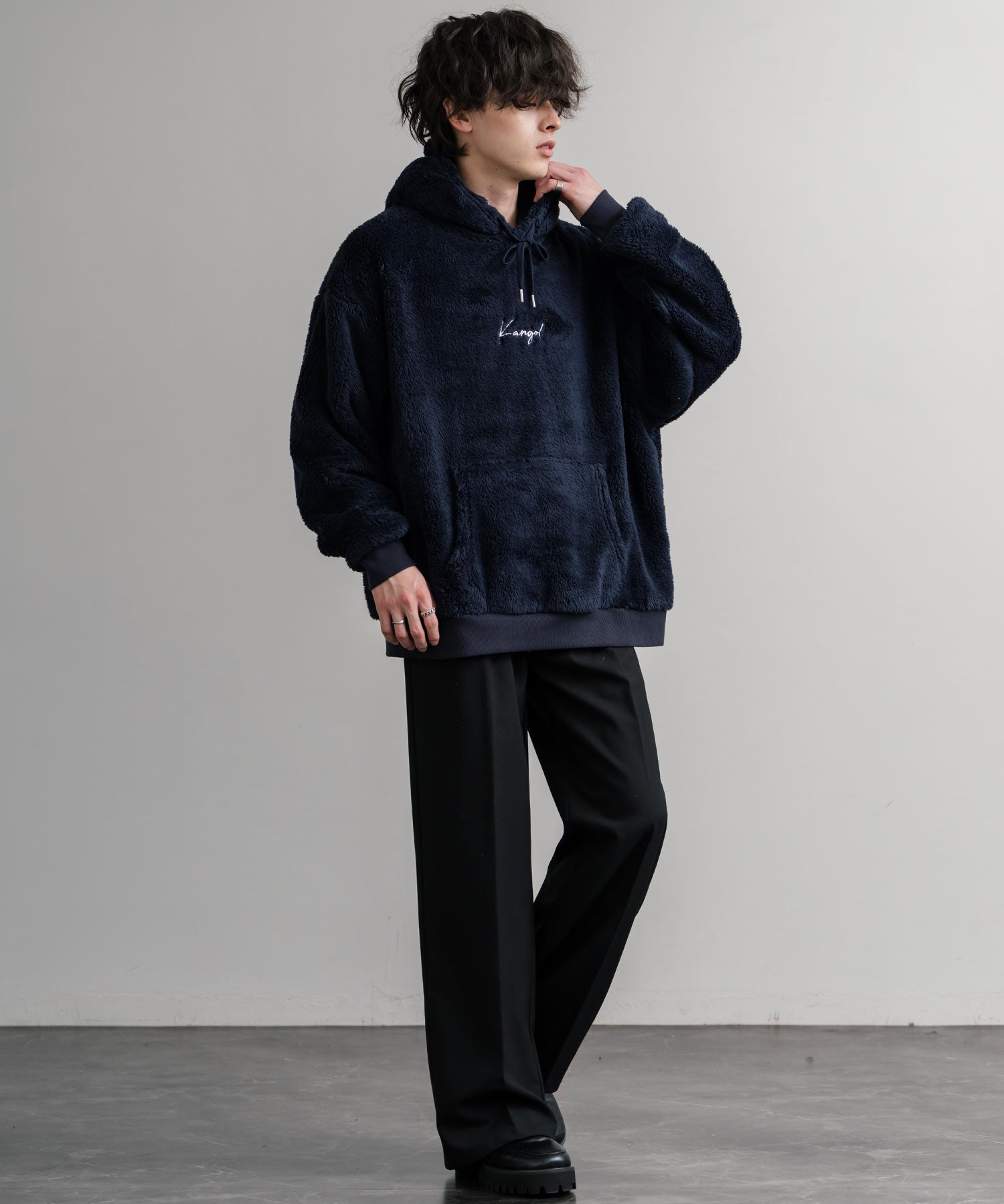 KANGOL カンゴール 別注コラボ ロゴ刺繍シャギーボアフリースプルオーバーパーカー 14624