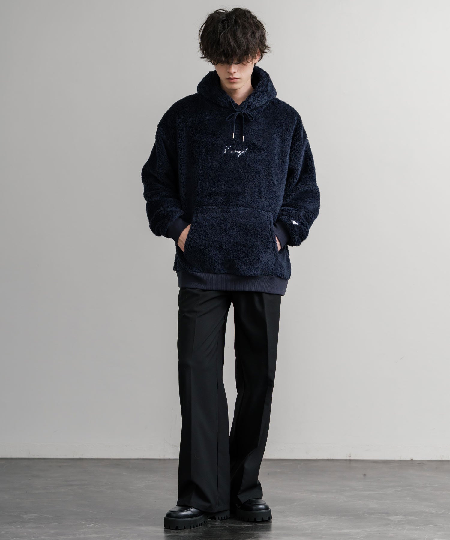 KANGOL カンゴール 別注コラボ ロゴ刺繍シャギーボアフリースプルオーバーパーカー 14624