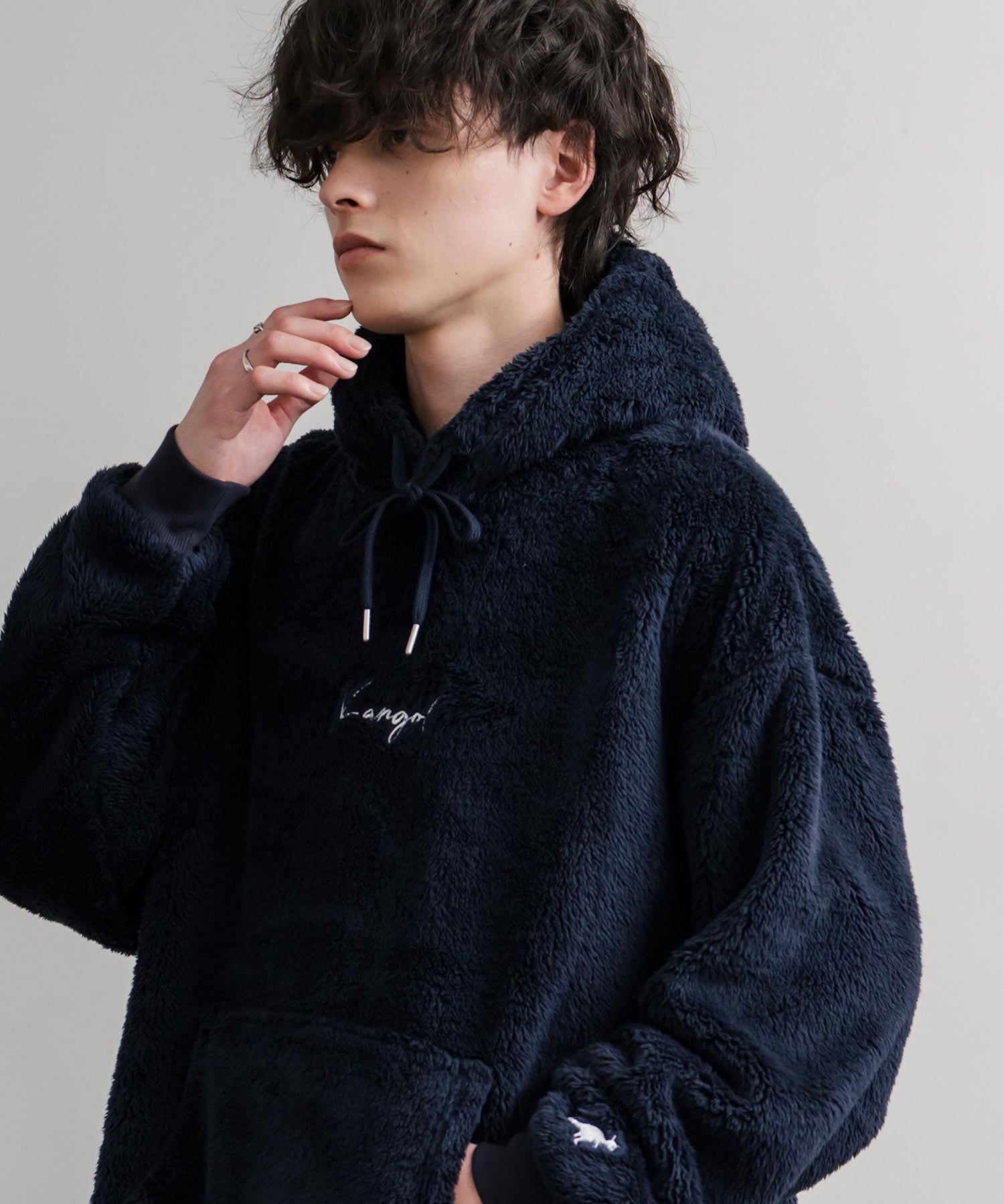 KANGOL カンゴール 別注コラボ ロゴ刺繍シャギーボアフリースプルオーバーパーカー 14624