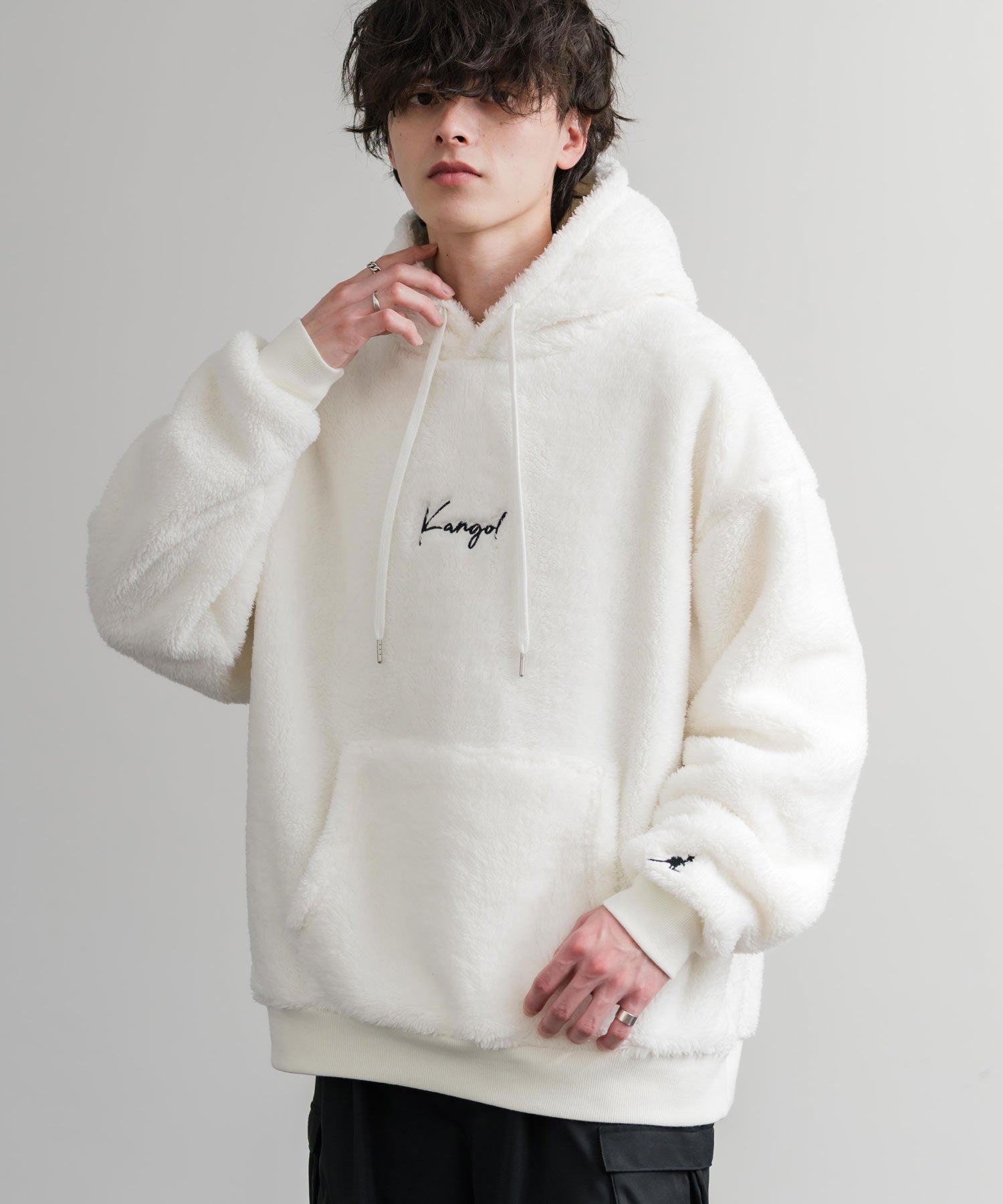KANGOL カンゴール 別注コラボ ロゴ刺繍シャギーボアフリースプルオーバーパーカー 14624