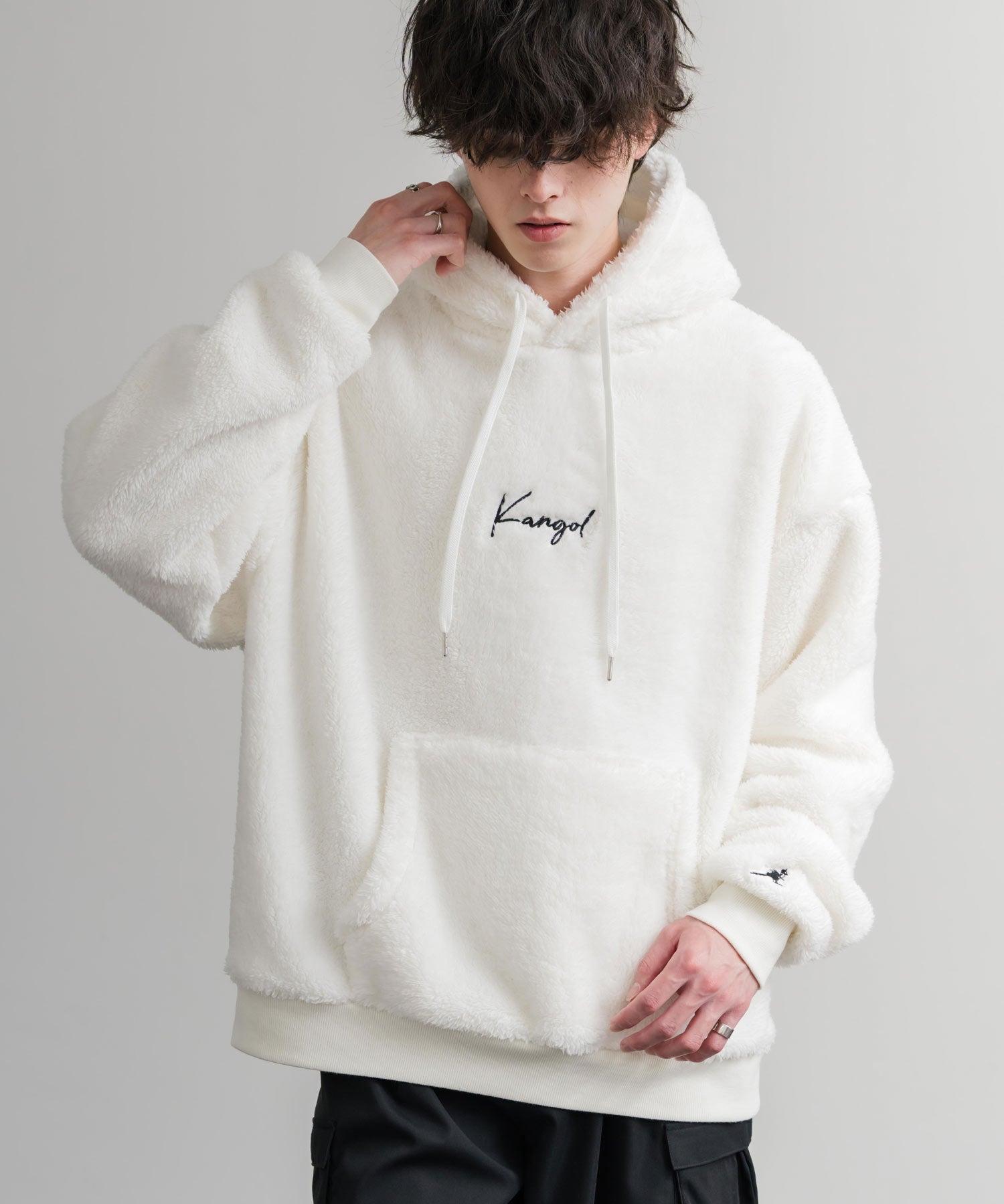 KANGOL カンゴール 別注コラボ ロゴ刺繍シャギーボアフリースプルオーバーパーカー 14624