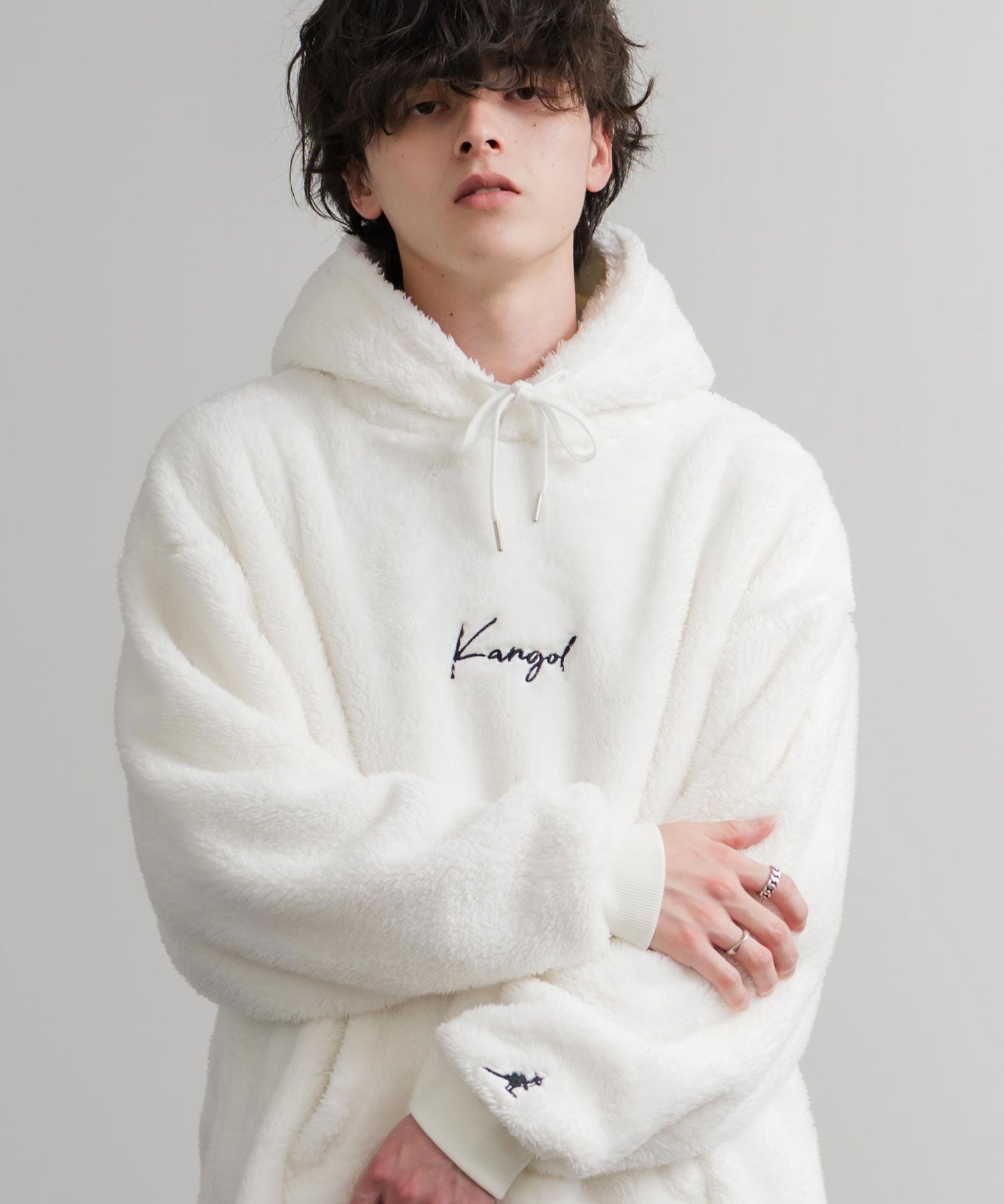 KANGOL カンゴール 別注コラボ ロゴ刺繍シャギーボアフリースプルオーバーパーカー 14624