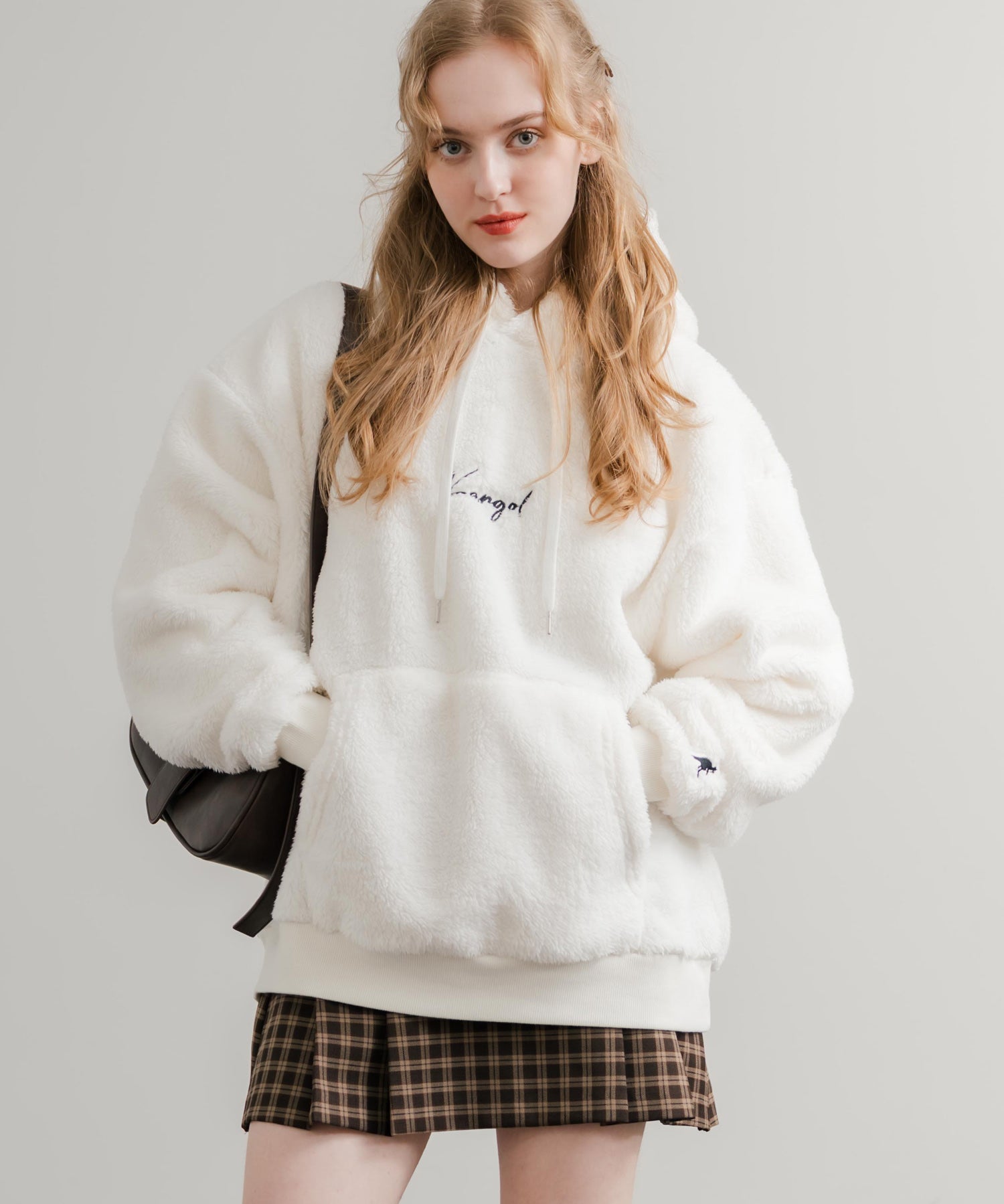 KANGOL カンゴール 別注コラボ ロゴ刺繍シャギーボアフリースプルオーバーパーカー 14624