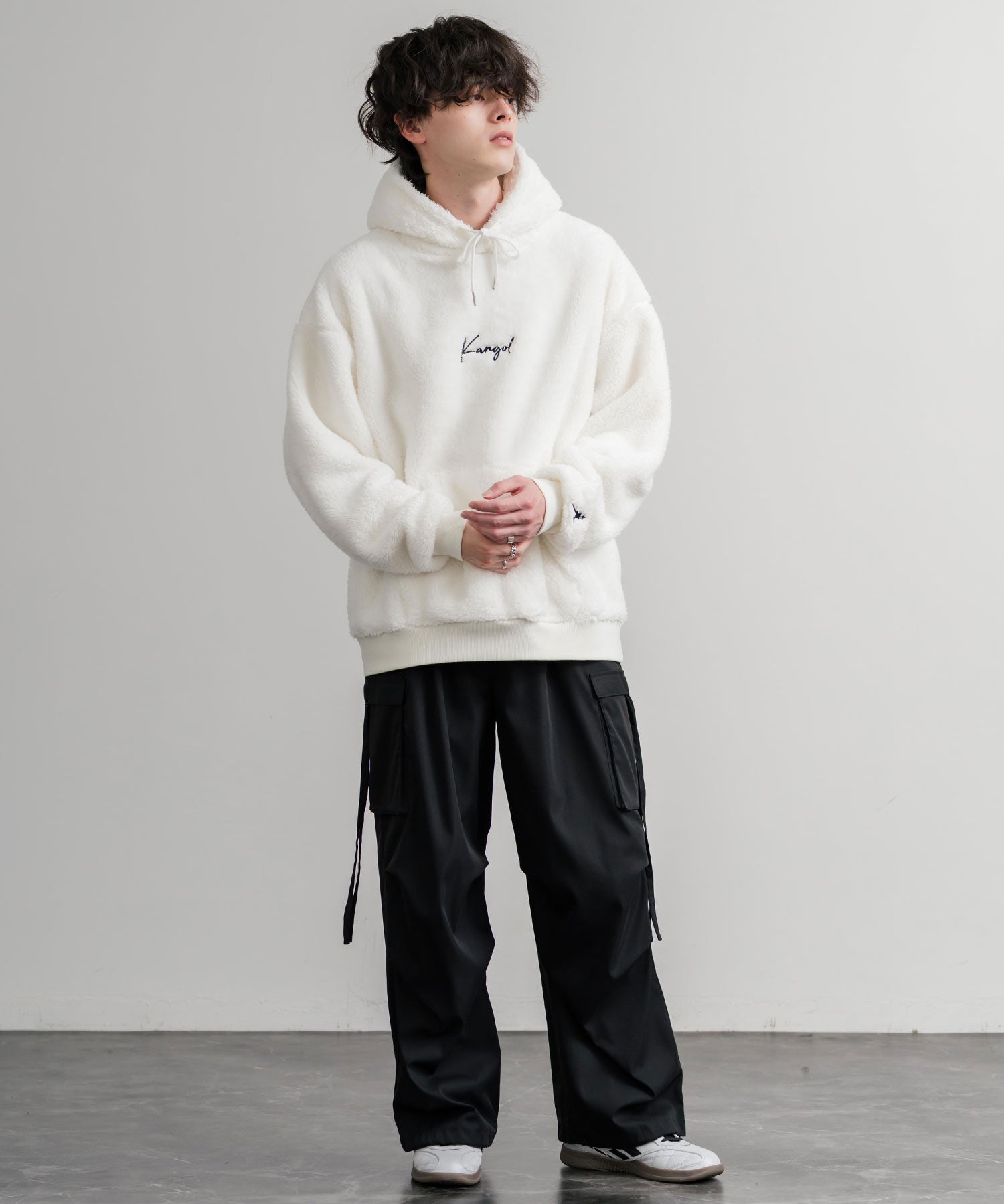 KANGOL カンゴール 別注コラボ ロゴ刺繍シャギーボアフリースプルオーバーパーカー 14624