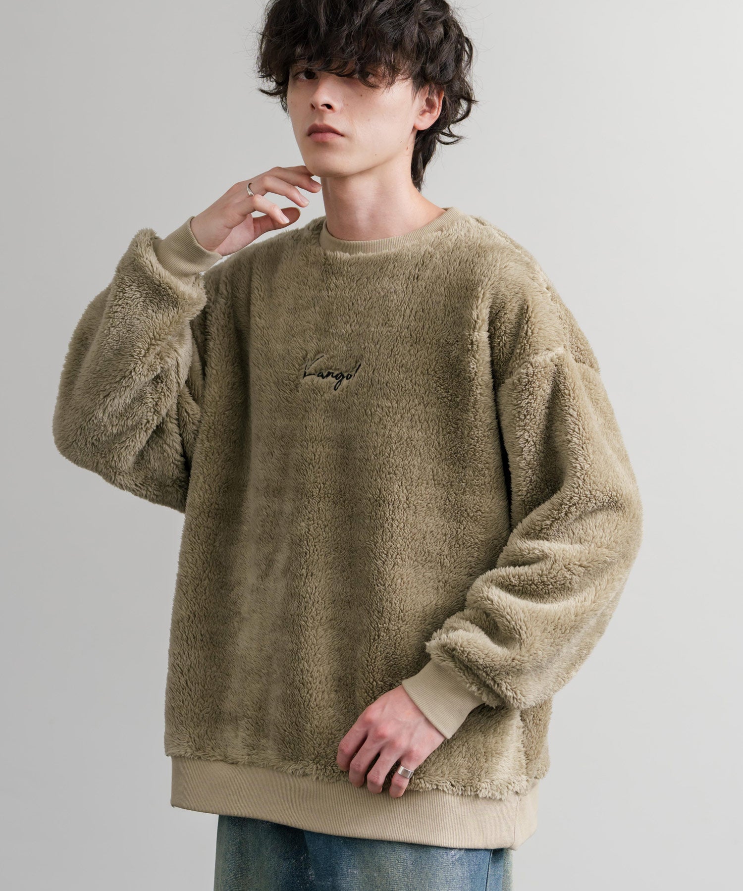 KANGOL カンゴール 別注コラボ ロゴ刺繍シャギーボアフリースクルーネックトレーナー 14625
