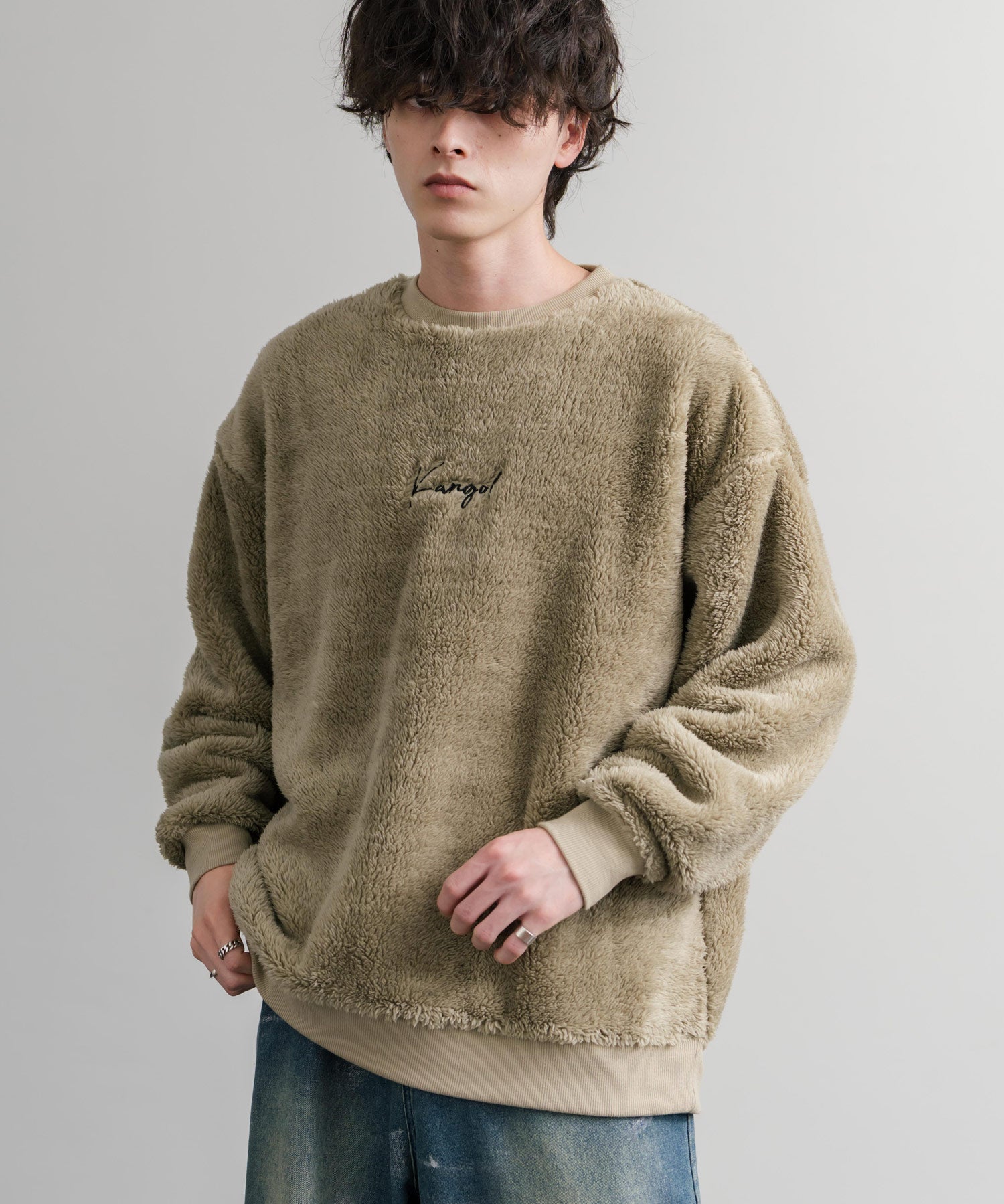 KANGOL カンゴール 別注コラボ ロゴ刺繍シャギーボアフリースクルーネックトレーナー 14625