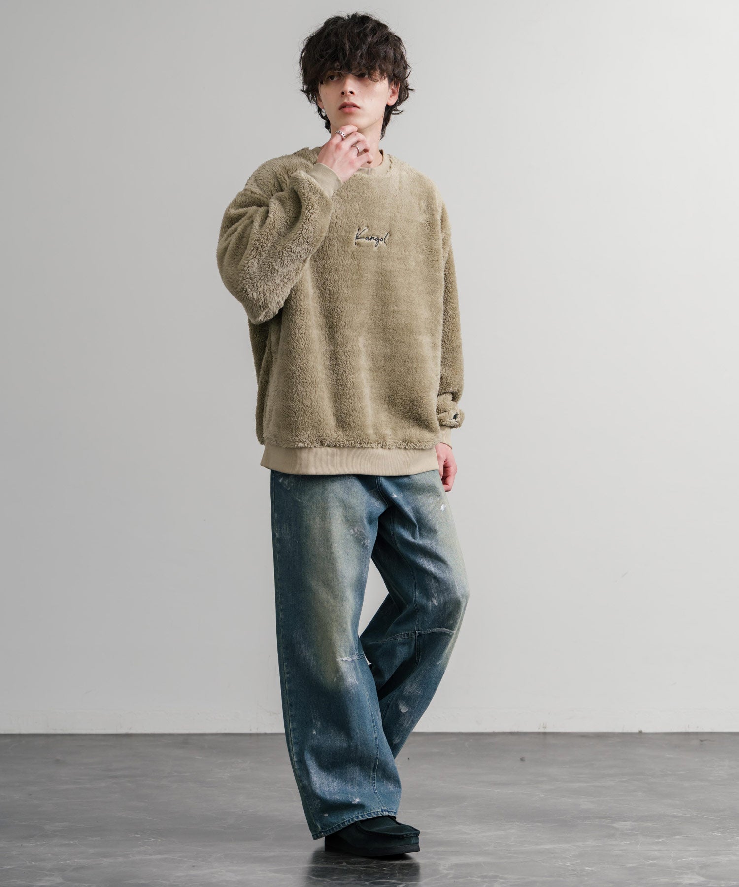 KANGOL カンゴール 別注コラボ ロゴ刺繍シャギーボアフリースクルーネックトレーナー 14625