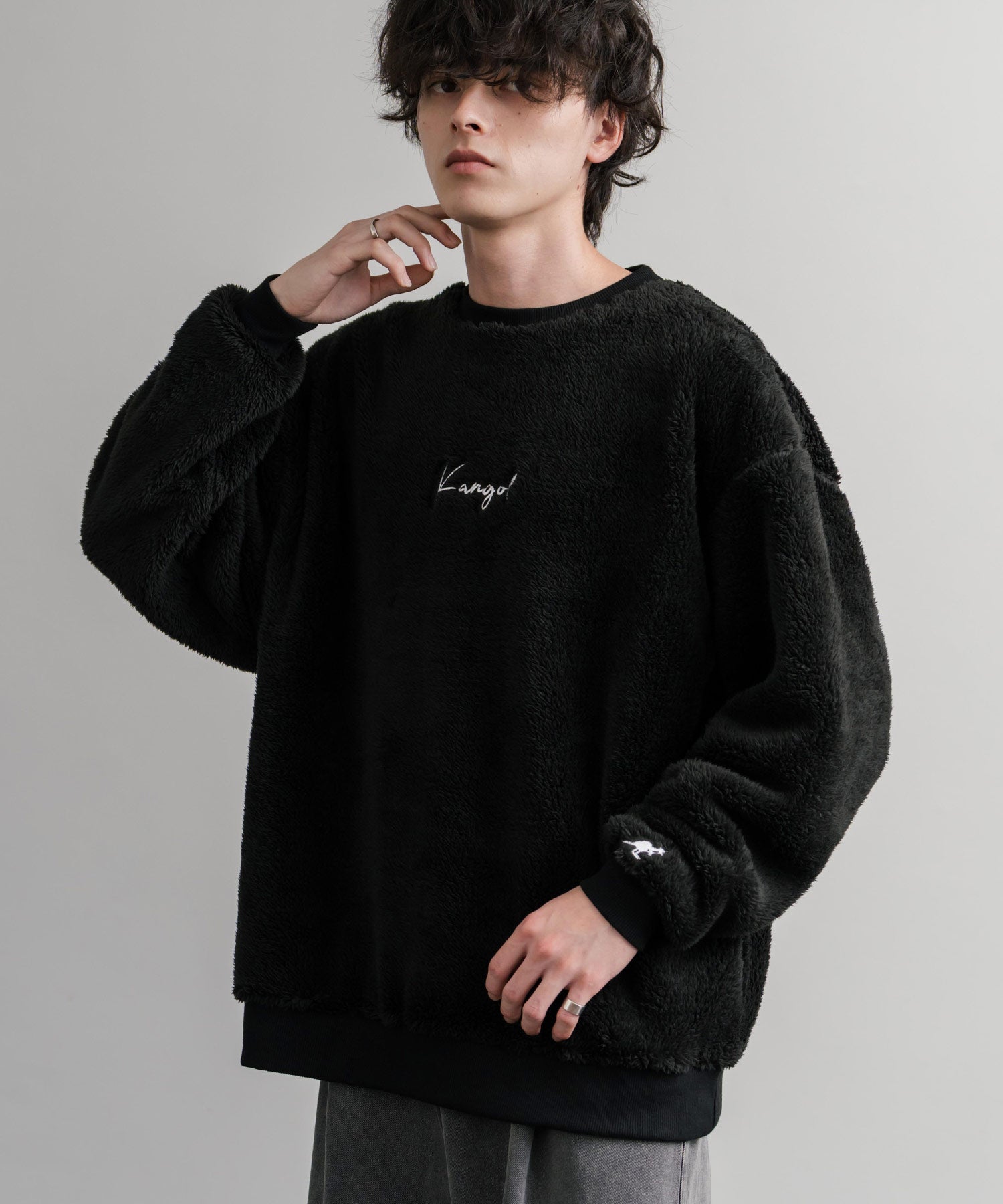 KANGOL カンゴール 別注コラボ ロゴ刺繍シャギーボアフリースクルーネックトレーナー 14625