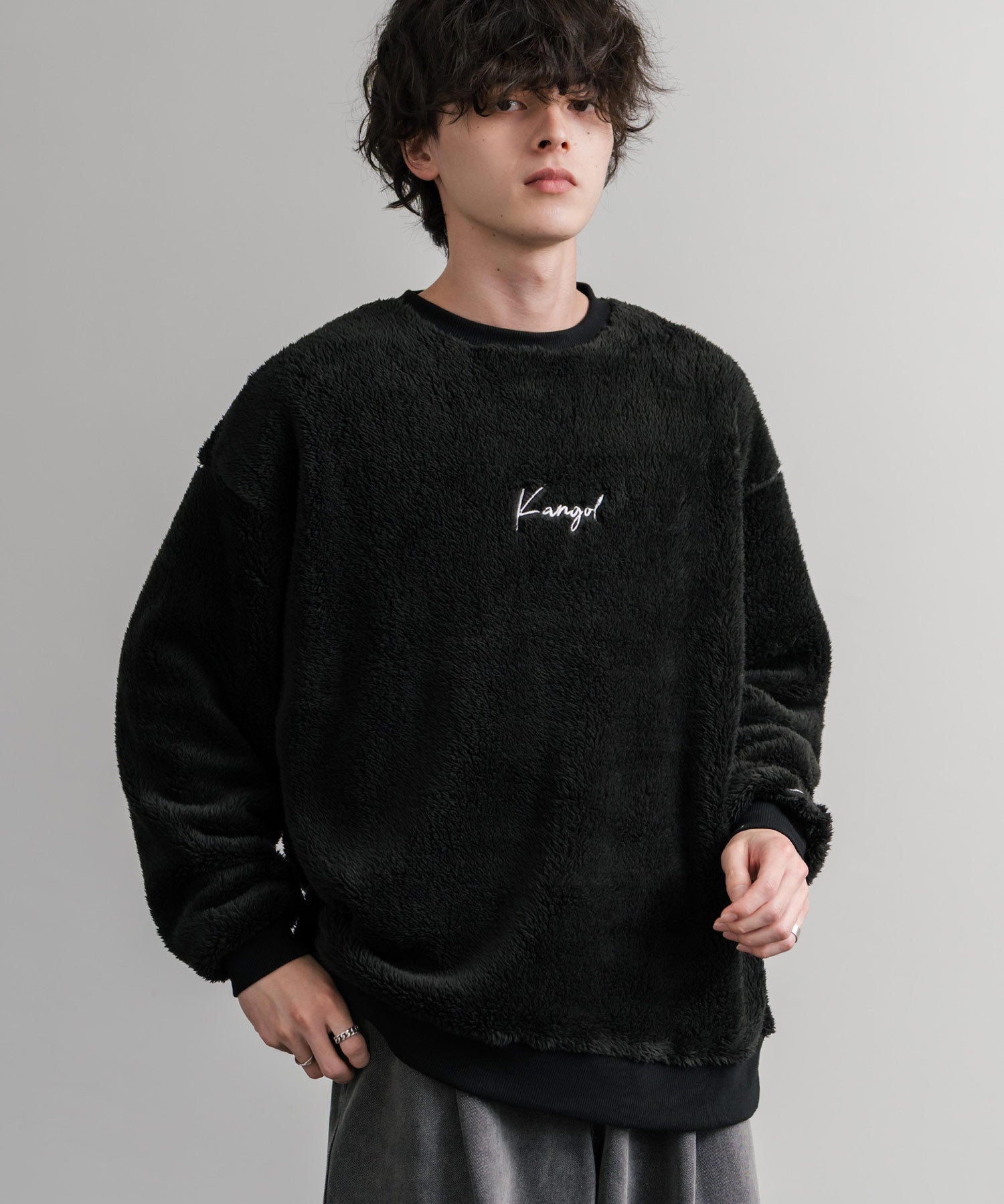 KANGOL カンゴール 別注コラボ ロゴ刺繍シャギーボアフリースクルーネックトレーナー 14625