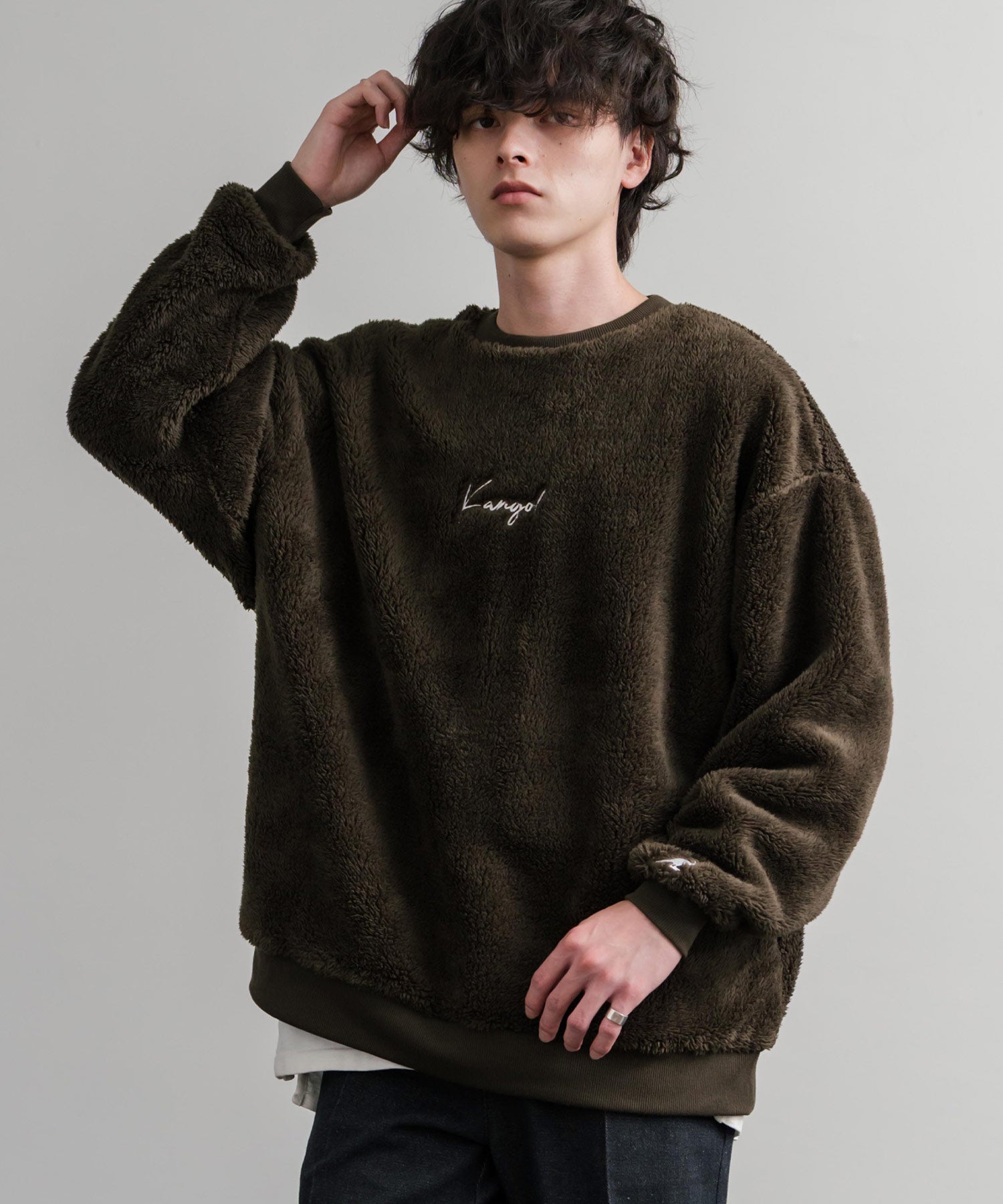 KANGOL カンゴール 別注コラボ ロゴ刺繍シャギーボアフリースクルーネックトレーナー 14625