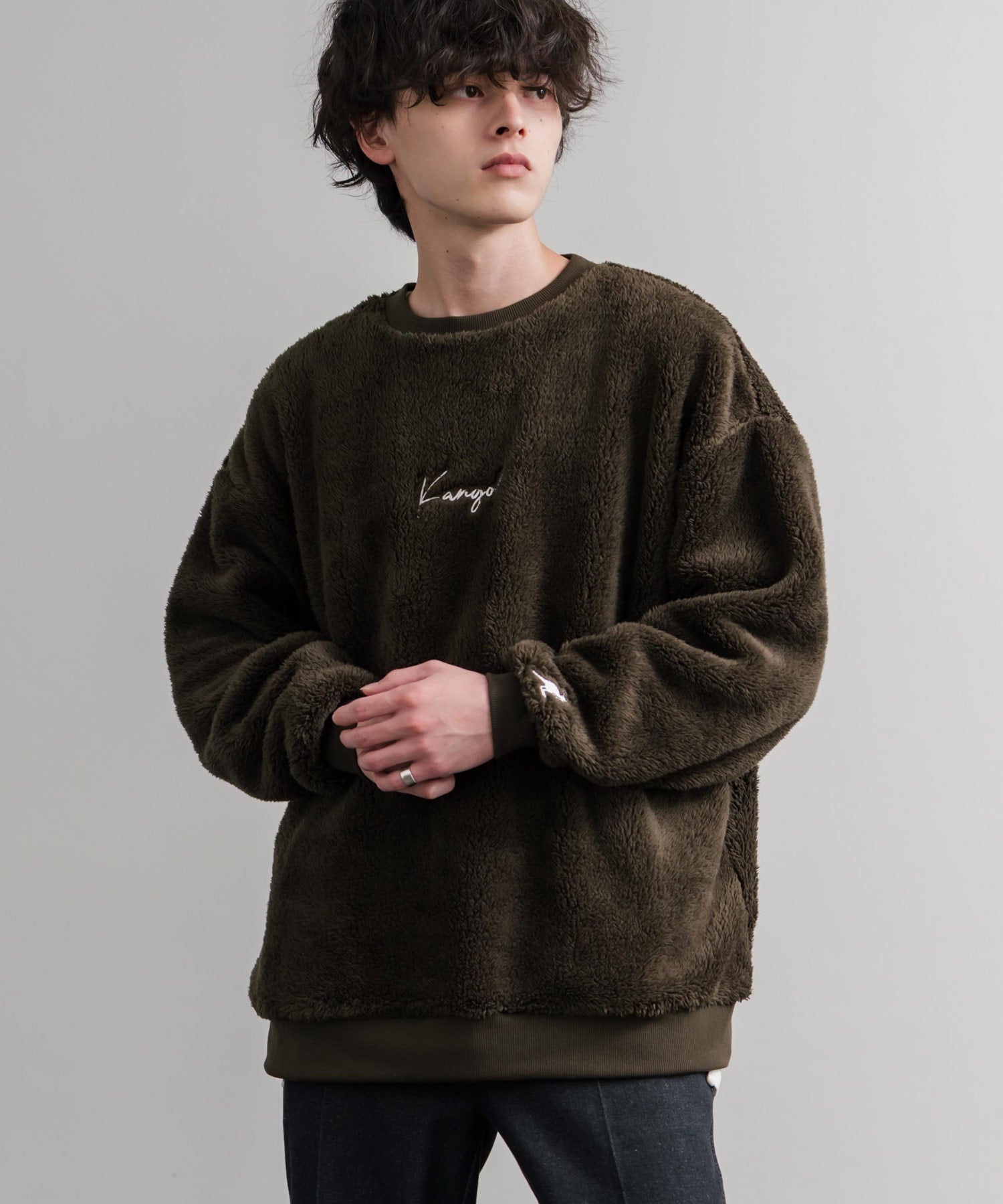 KANGOL カンゴール 別注コラボ ロゴ刺繍シャギーボアフリースクルーネックトレーナー 14625