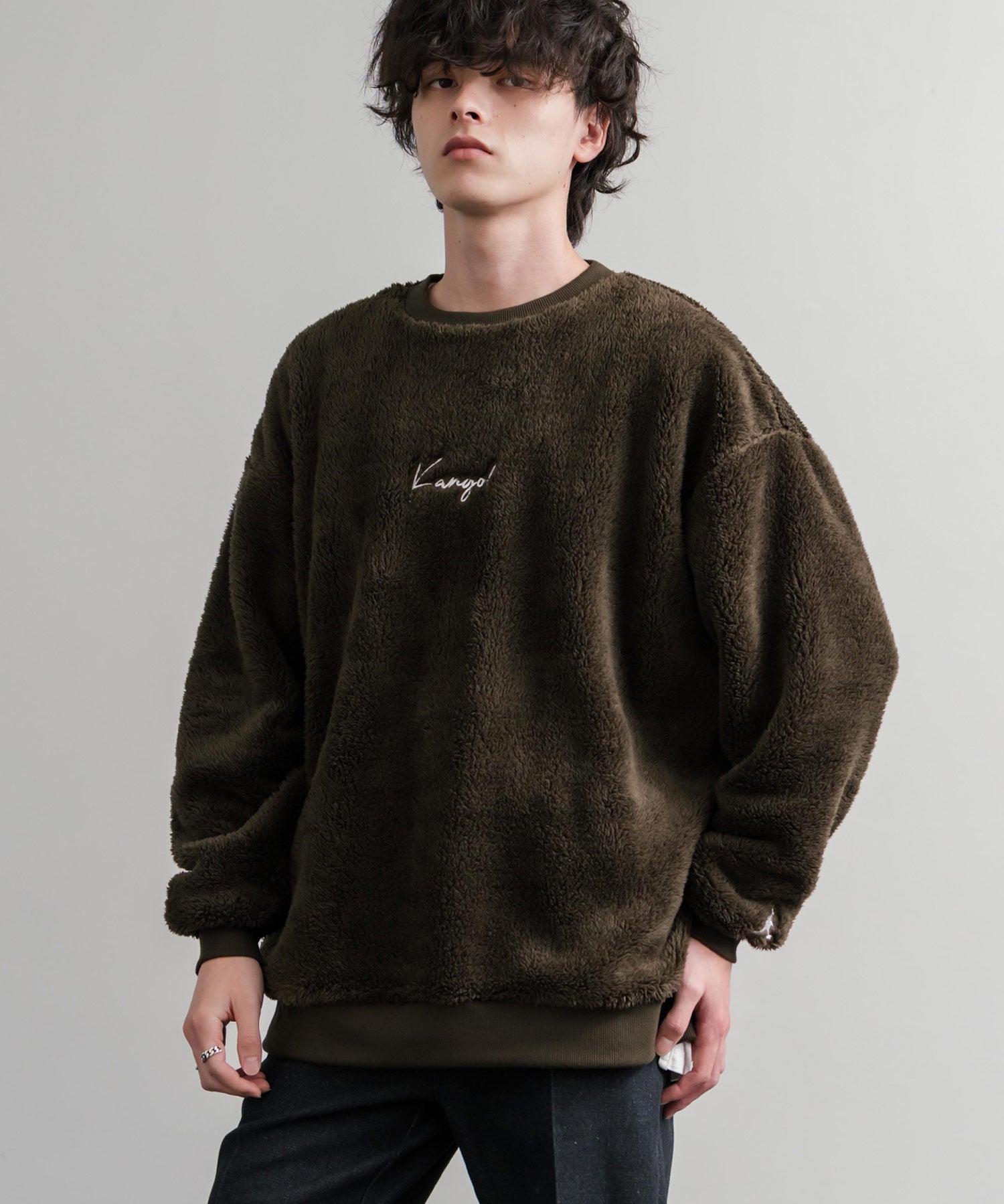 KANGOL カンゴール 別注コラボ ロゴ刺繍シャギーボアフリースクルーネックトレーナー 14625