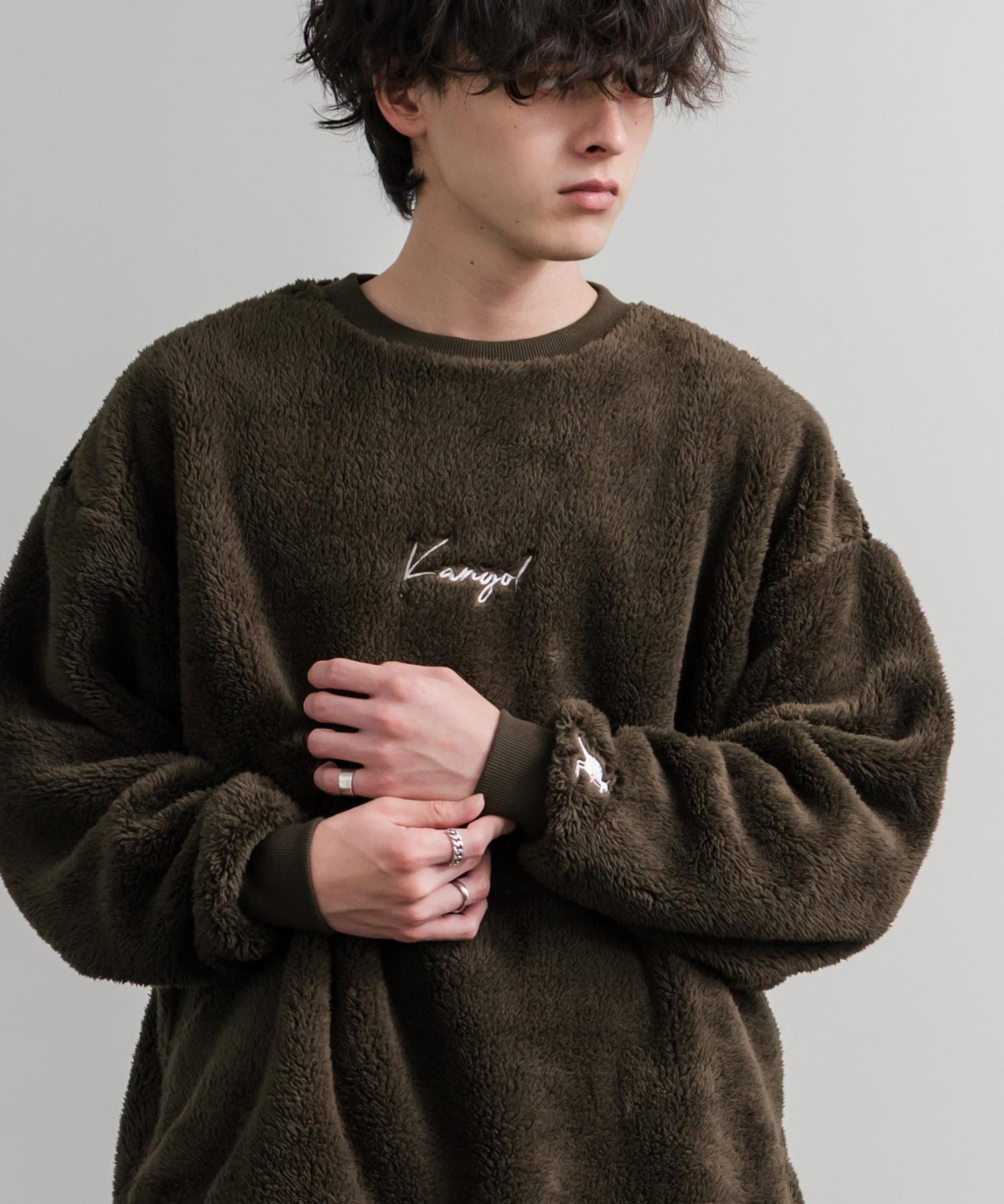KANGOL カンゴール 別注コラボ ロゴ刺繍シャギーボアフリースクルーネックトレーナー 14625