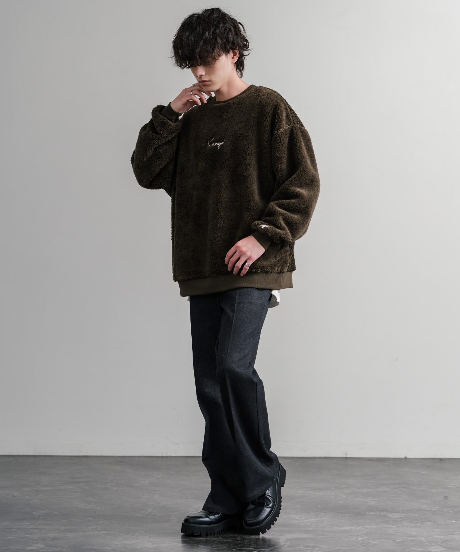 KANGOL カンゴール 別注コラボ ロゴ刺繍シャギーボアフリースクルーネックトレーナー 14625
