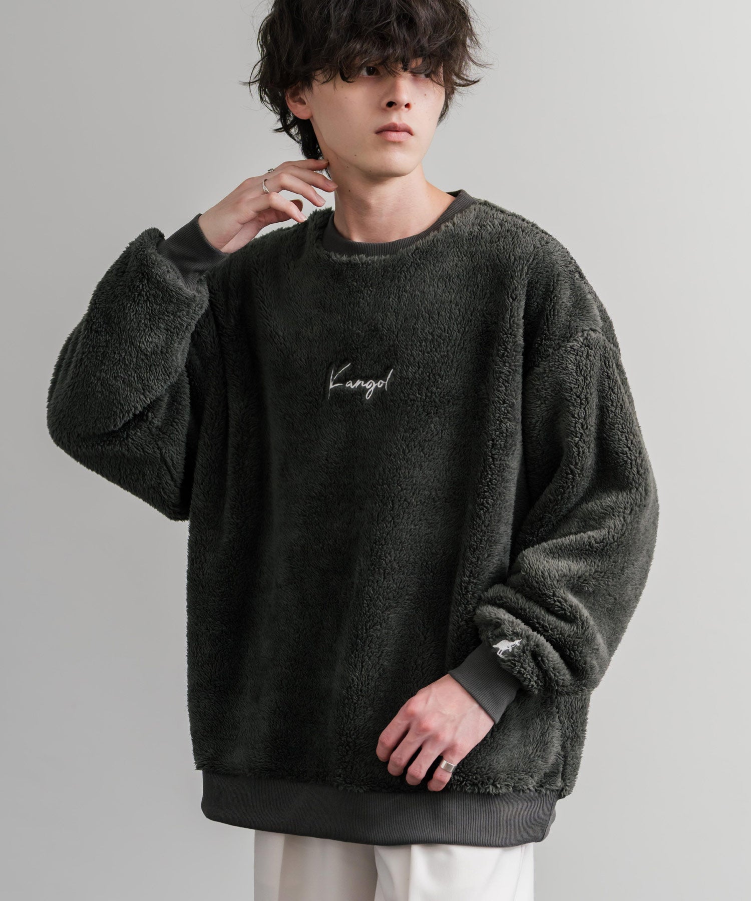 KANGOL カンゴール 別注コラボ ロゴ刺繍シャギーボアフリースクルーネックトレーナー 14625