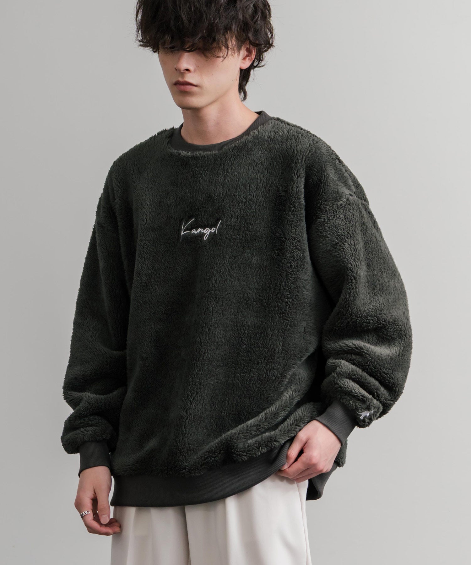 KANGOL カンゴール 別注コラボ ロゴ刺繍シャギーボアフリースクルーネックトレーナー 14625