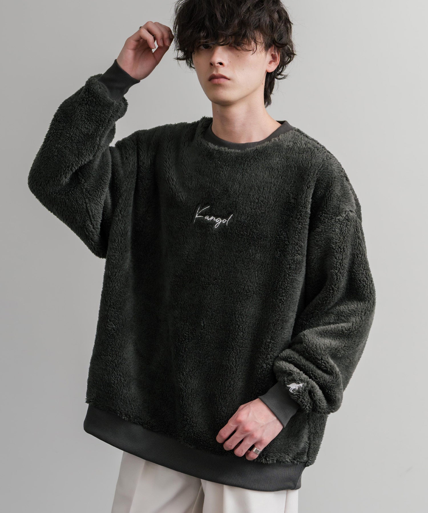 KANGOL カンゴール 別注コラボ ロゴ刺繍シャギーボアフリースクルーネックトレーナー 14625