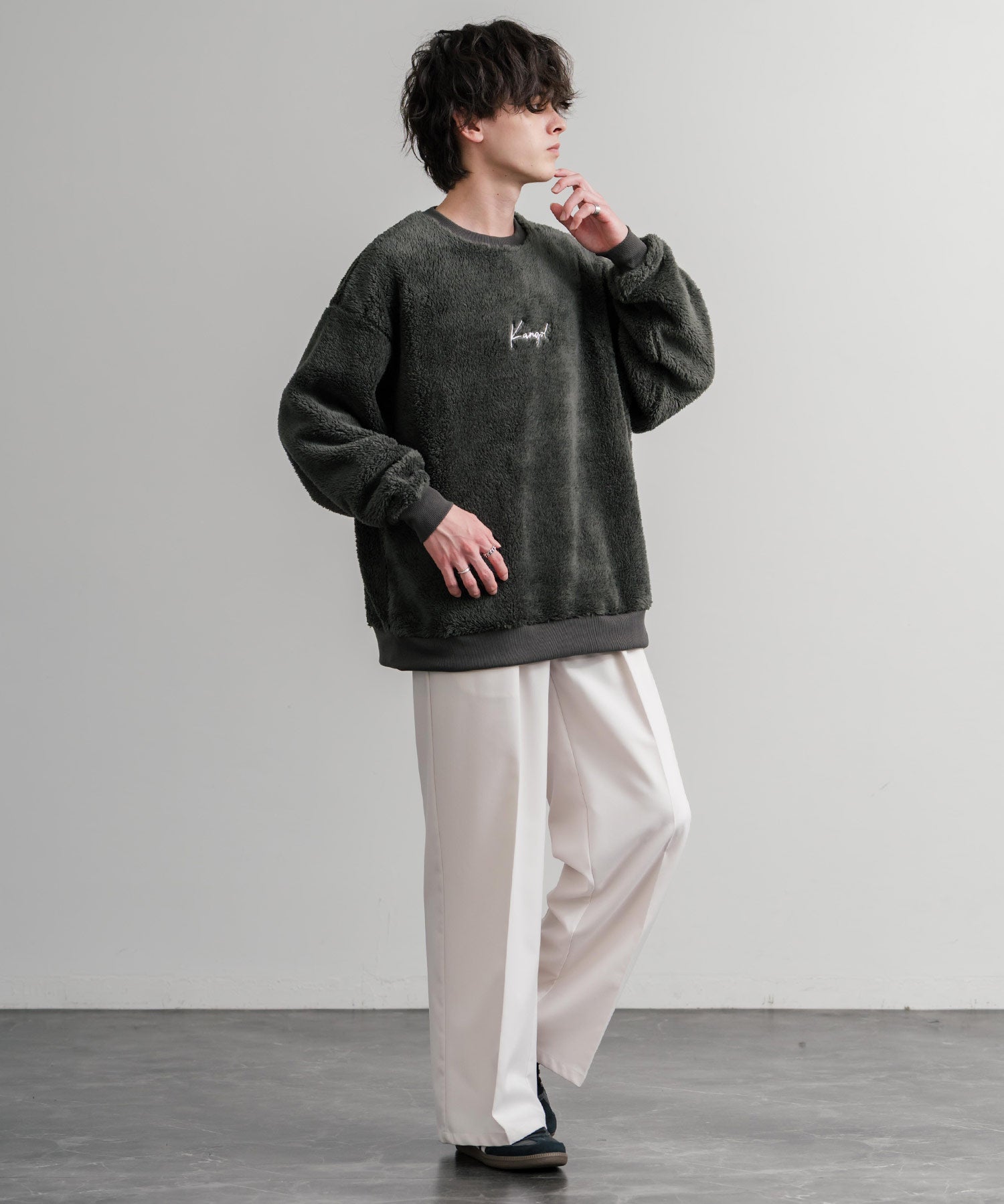 KANGOL カンゴール 別注コラボ ロゴ刺繍シャギーボアフリースクルーネックトレーナー 14625