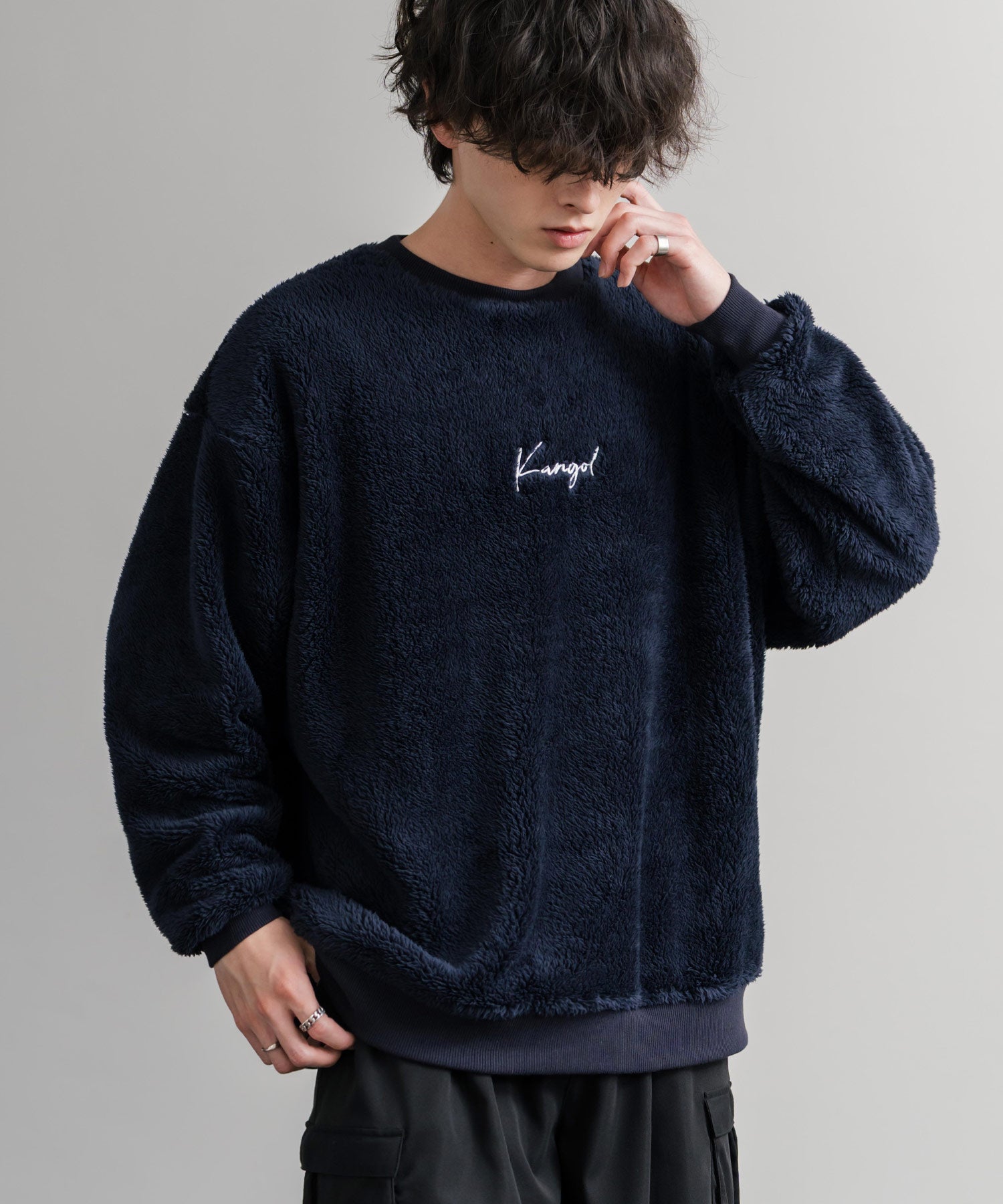 KANGOL カンゴール 別注コラボ ロゴ刺繍シャギーボアフリースクルーネックトレーナー 14625