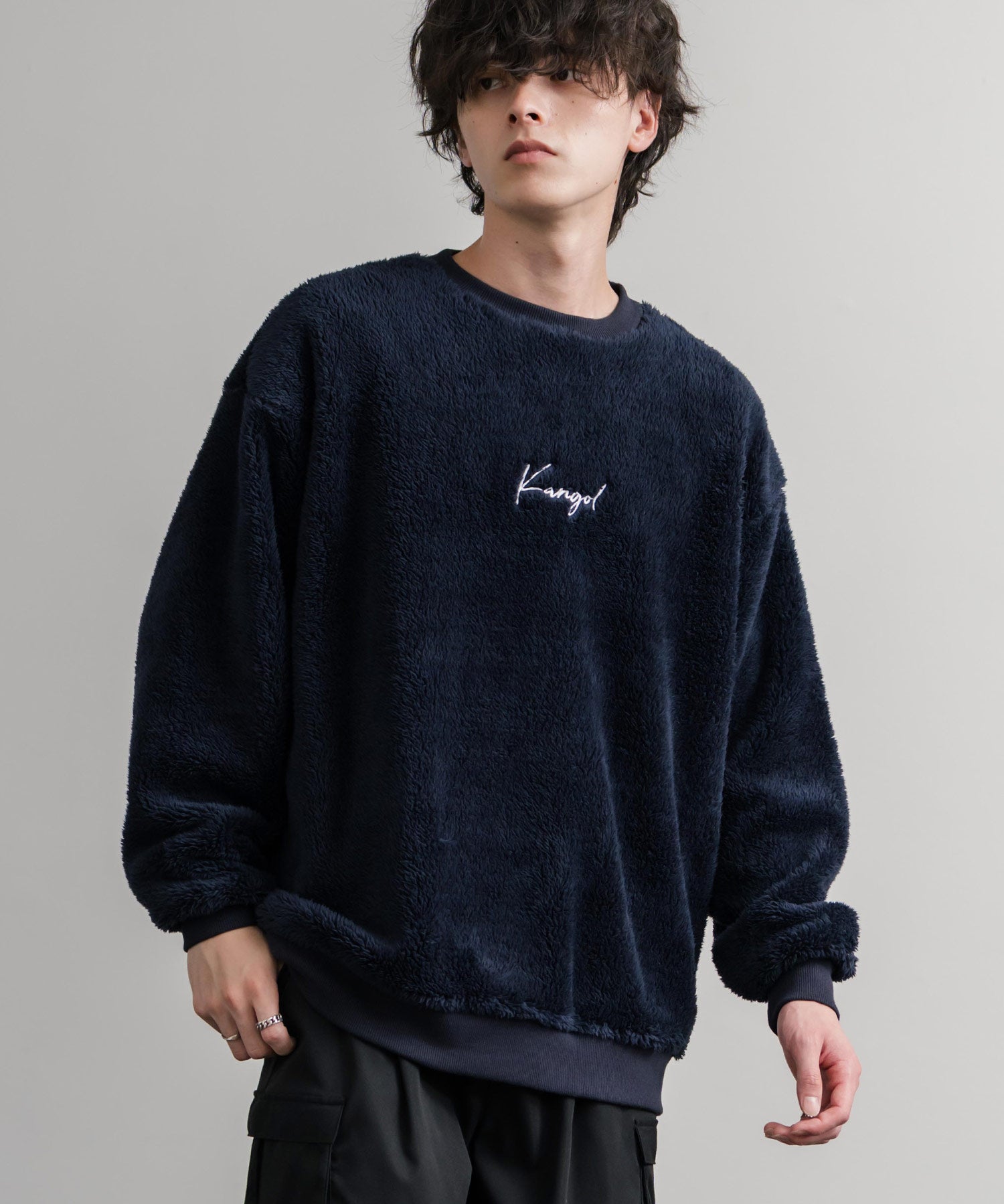 KANGOL カンゴール 別注コラボ ロゴ刺繍シャギーボアフリースクルーネックトレーナー 14625