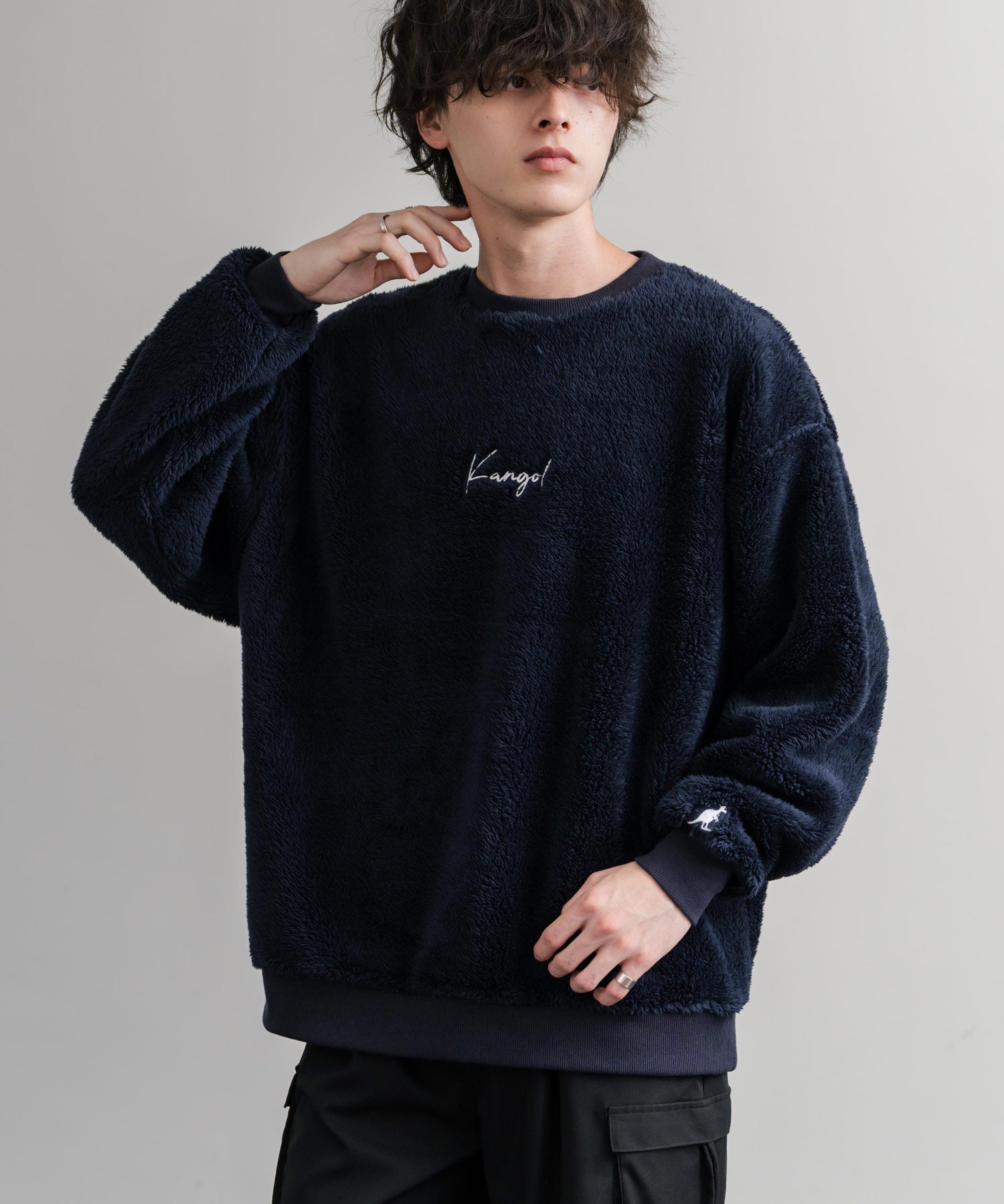 KANGOL カンゴール 別注コラボ ロゴ刺繍シャギーボアフリースクルーネックトレーナー 14625