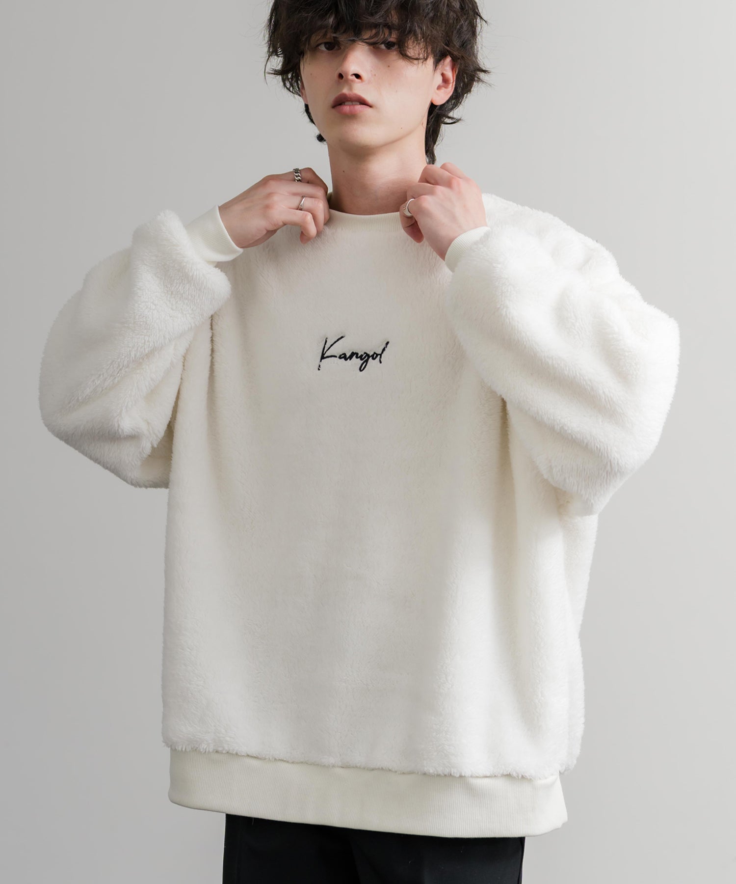 KANGOL カンゴール 別注コラボ ロゴ刺繍シャギーボアフリースクルーネックトレーナー 14625