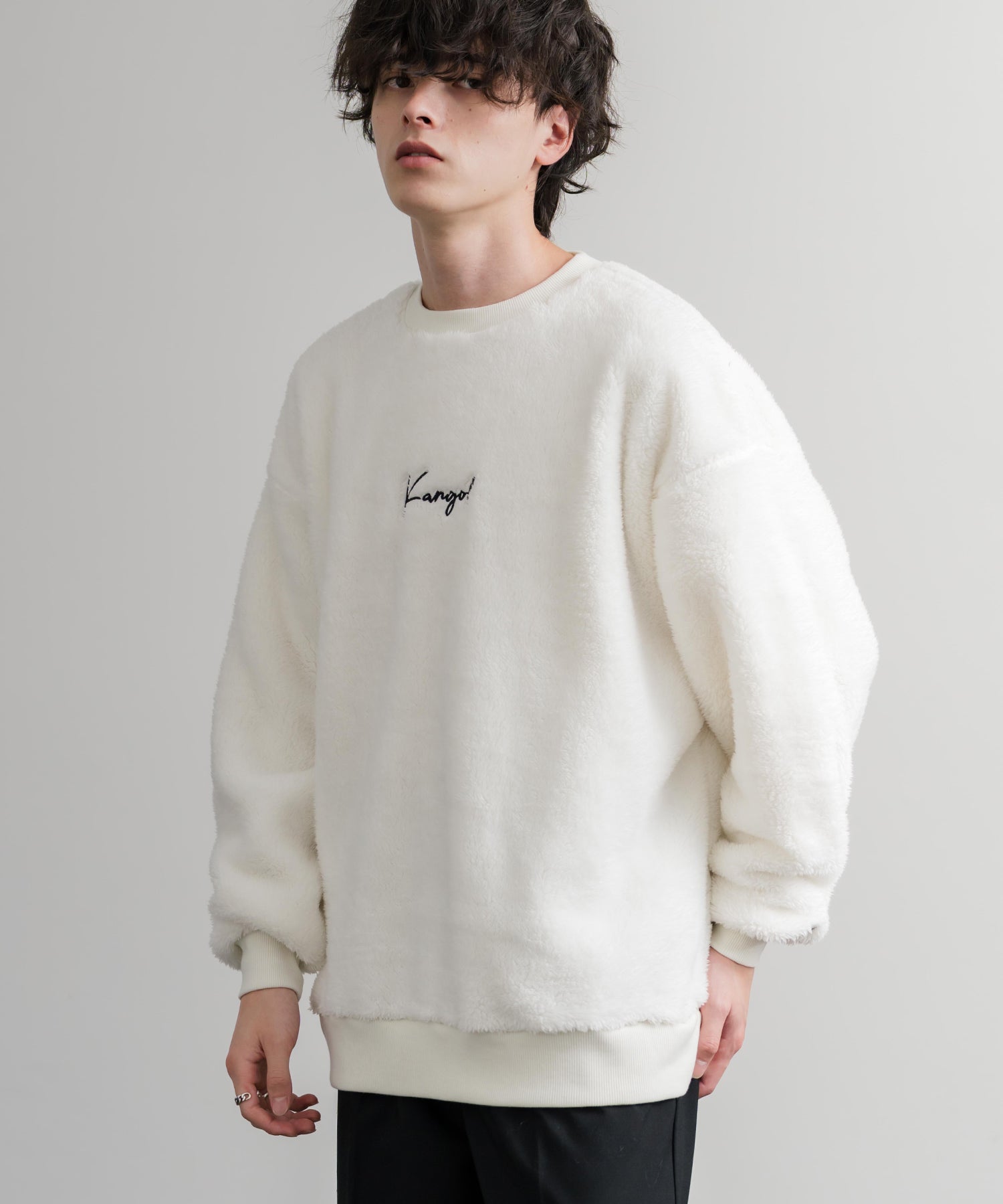 KANGOL カンゴール 別注コラボ ロゴ刺繍シャギーボアフリースクルーネックトレーナー 14625