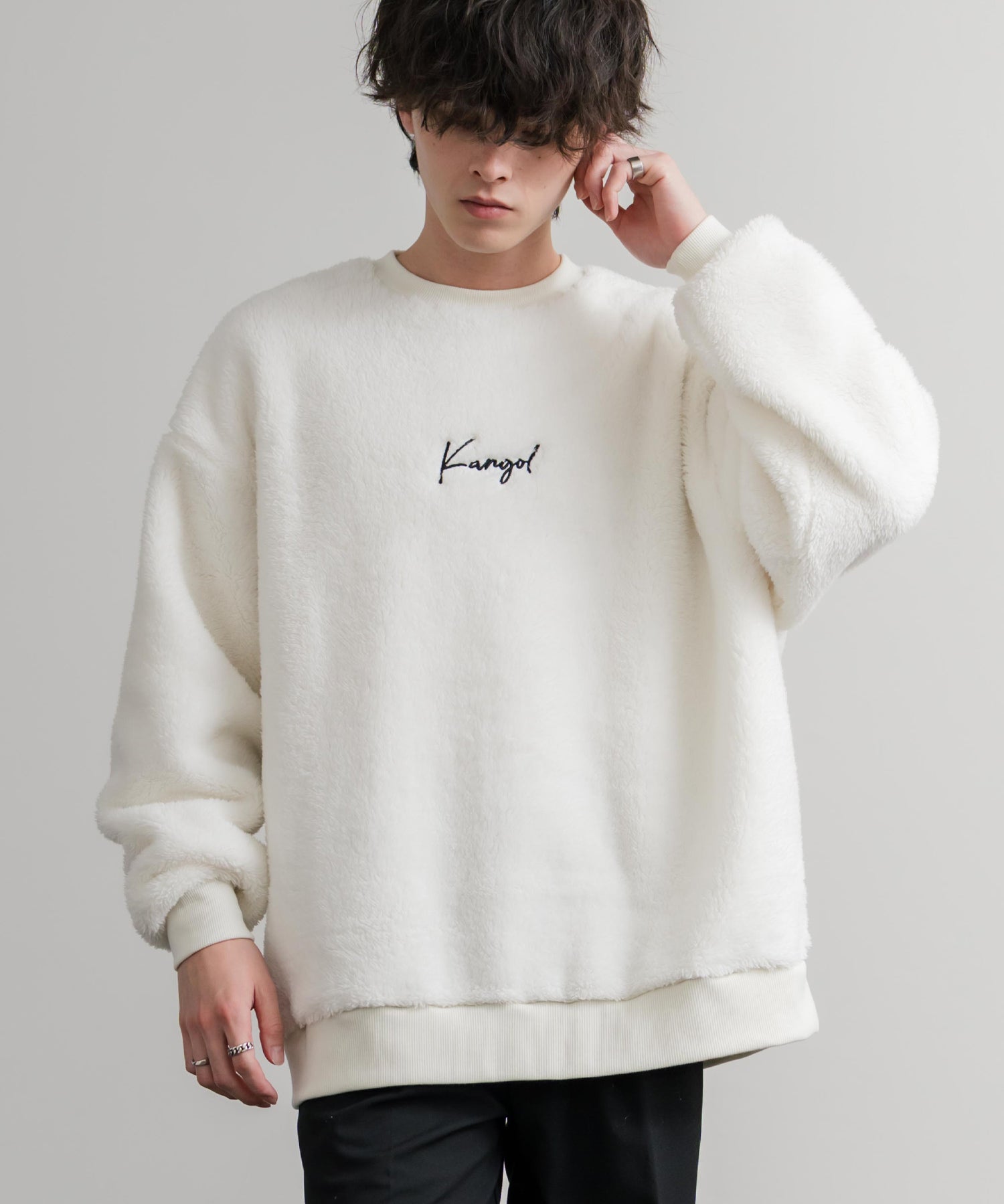 KANGOL カンゴール 別注コラボ ロゴ刺繍シャギーボアフリースクルーネックトレーナー 14625