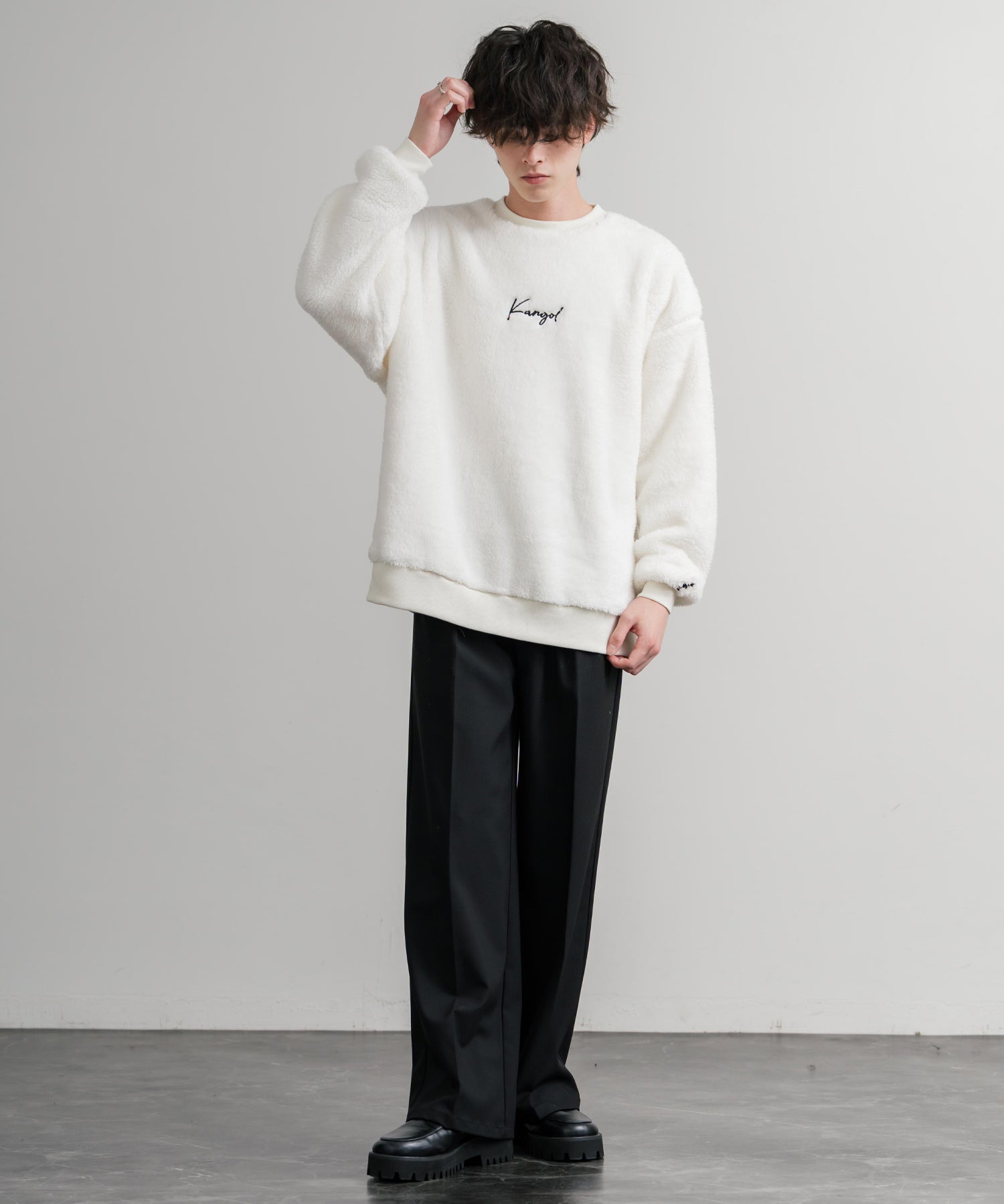 KANGOL カンゴール 別注コラボ ロゴ刺繍シャギーボアフリースクルーネックトレーナー 14625