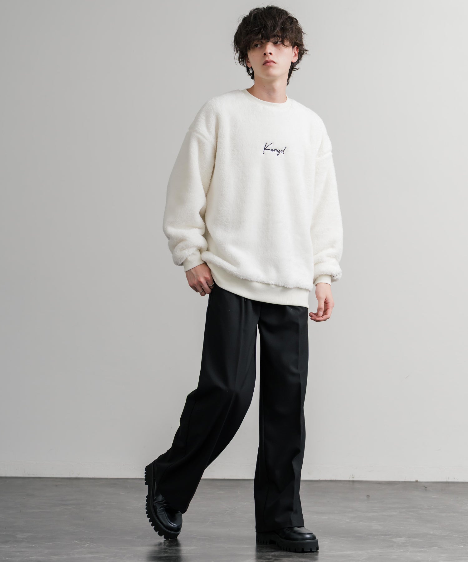 KANGOL カンゴール 別注コラボ ロゴ刺繍シャギーボアフリースクルーネックトレーナー 14625