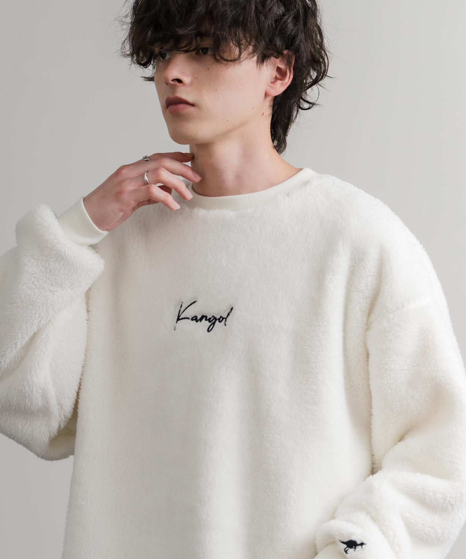 KANGOL カンゴール 別注コラボ ロゴ刺繍シャギーボアフリースクルーネックトレーナー 14625