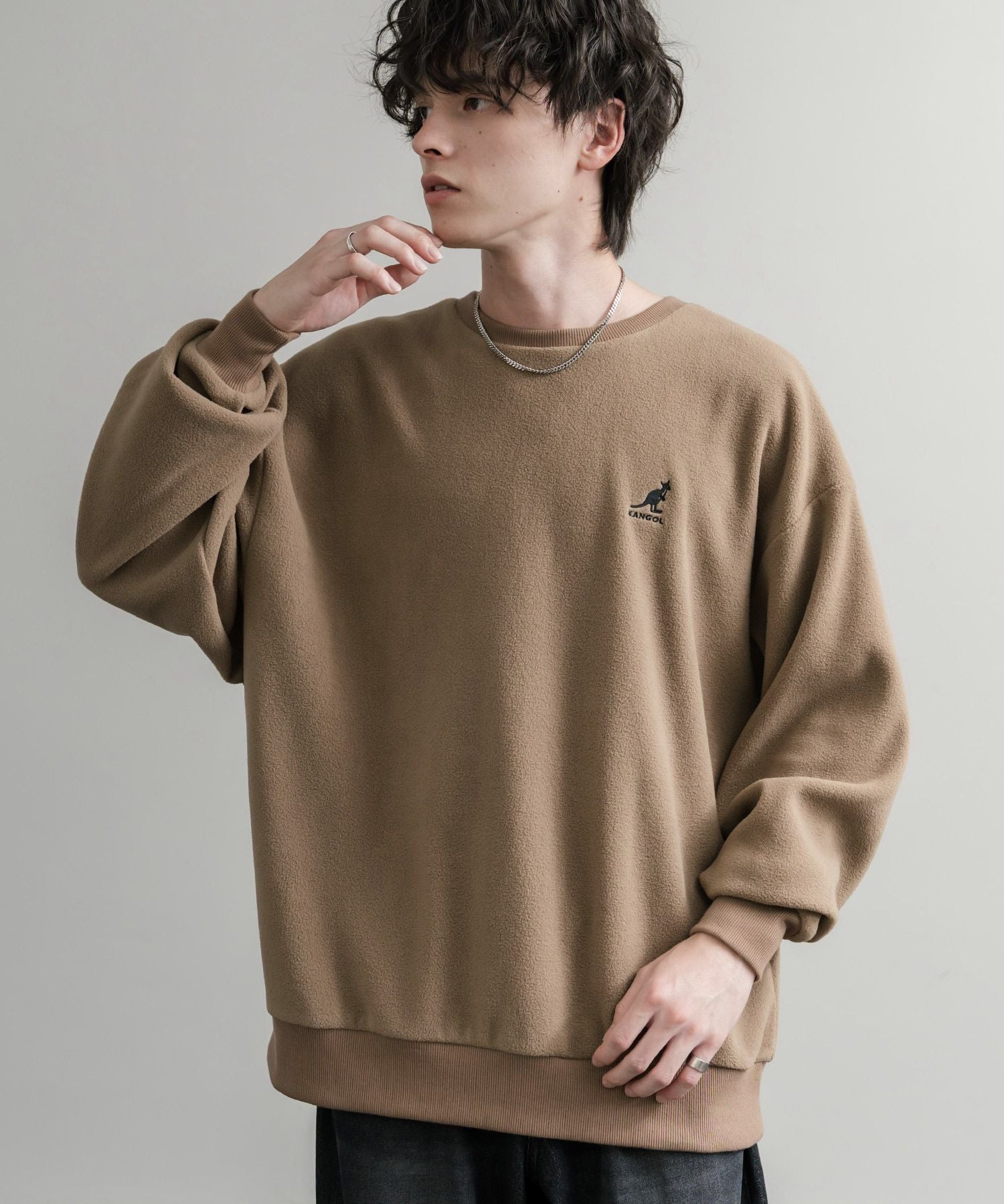 KANGOL 別注コラボ オーバーサイズロゴ刺繍裏起毛マイクロフリースプルオーバートレーナー 14626