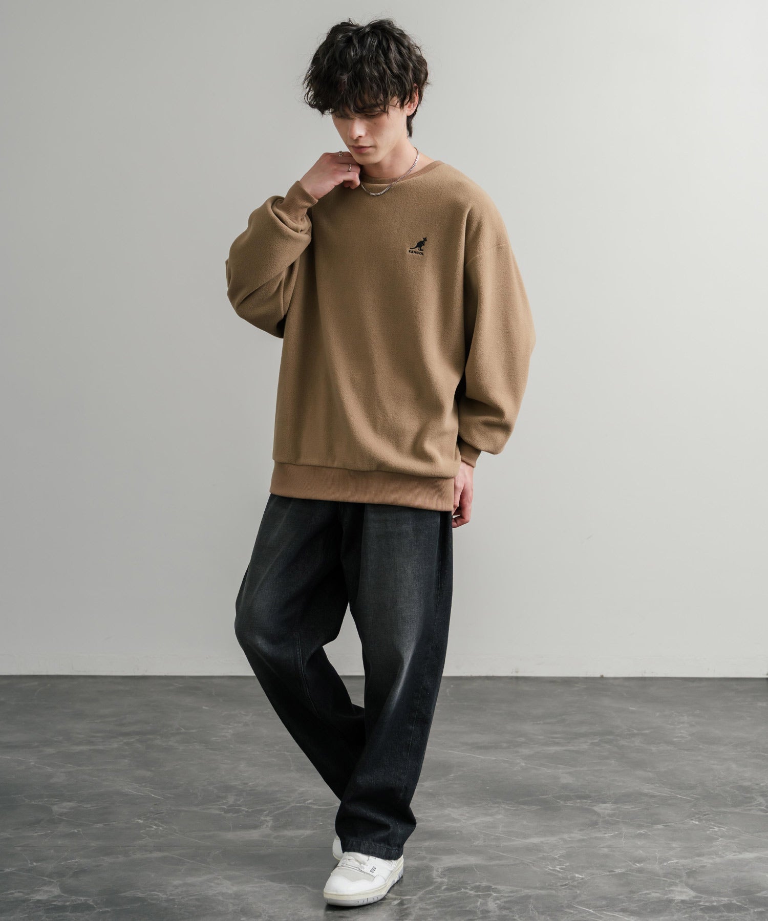 KANGOL 別注コラボ オーバーサイズロゴ刺繍裏起毛マイクロフリースプルオーバートレーナー 14626