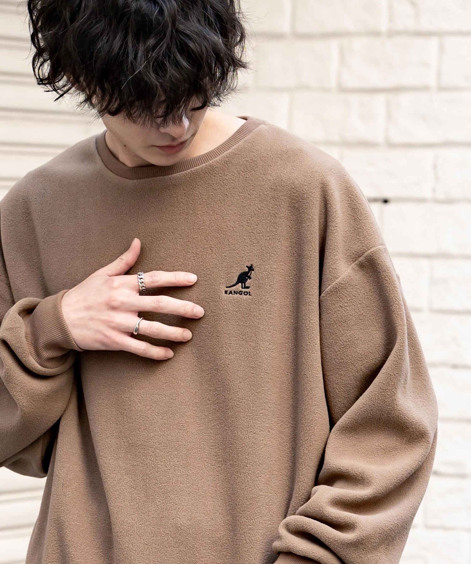 KANGOL 別注コラボ オーバーサイズロゴ刺繍裏起毛マイクロフリースプルオーバートレーナー 14626