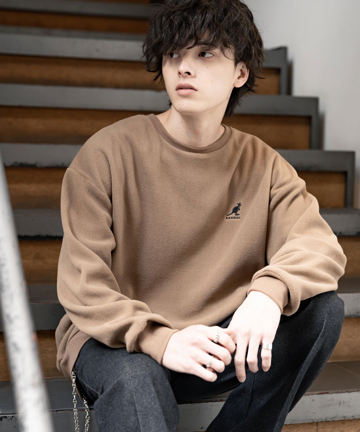 KANGOL 別注コラボ オーバーサイズロゴ刺繍裏起毛マイクロフリースプルオーバートレーナー 14626