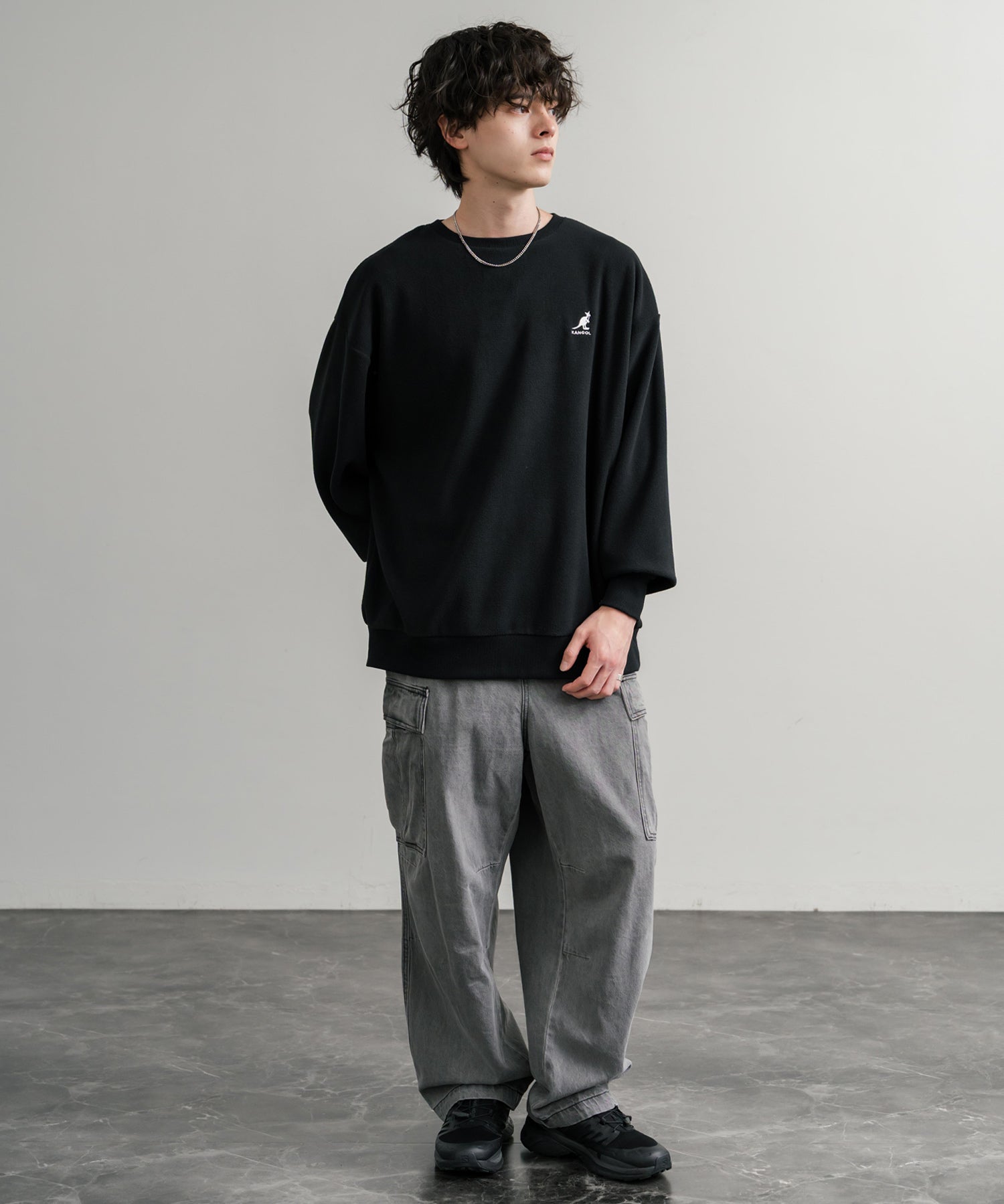KANGOL 別注コラボ オーバーサイズロゴ刺繍裏起毛マイクロフリースプルオーバートレーナー 14626