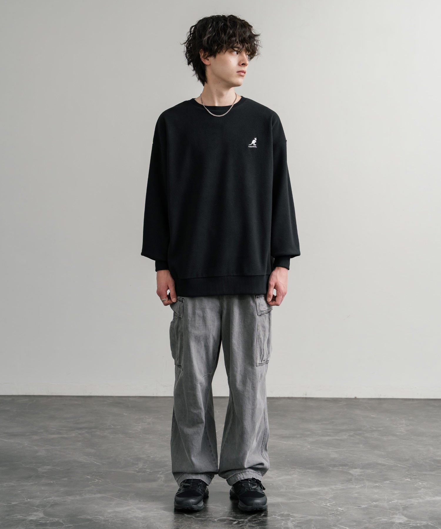 KANGOL 別注コラボ オーバーサイズロゴ刺繍裏起毛マイクロフリースプルオーバートレーナー 14626