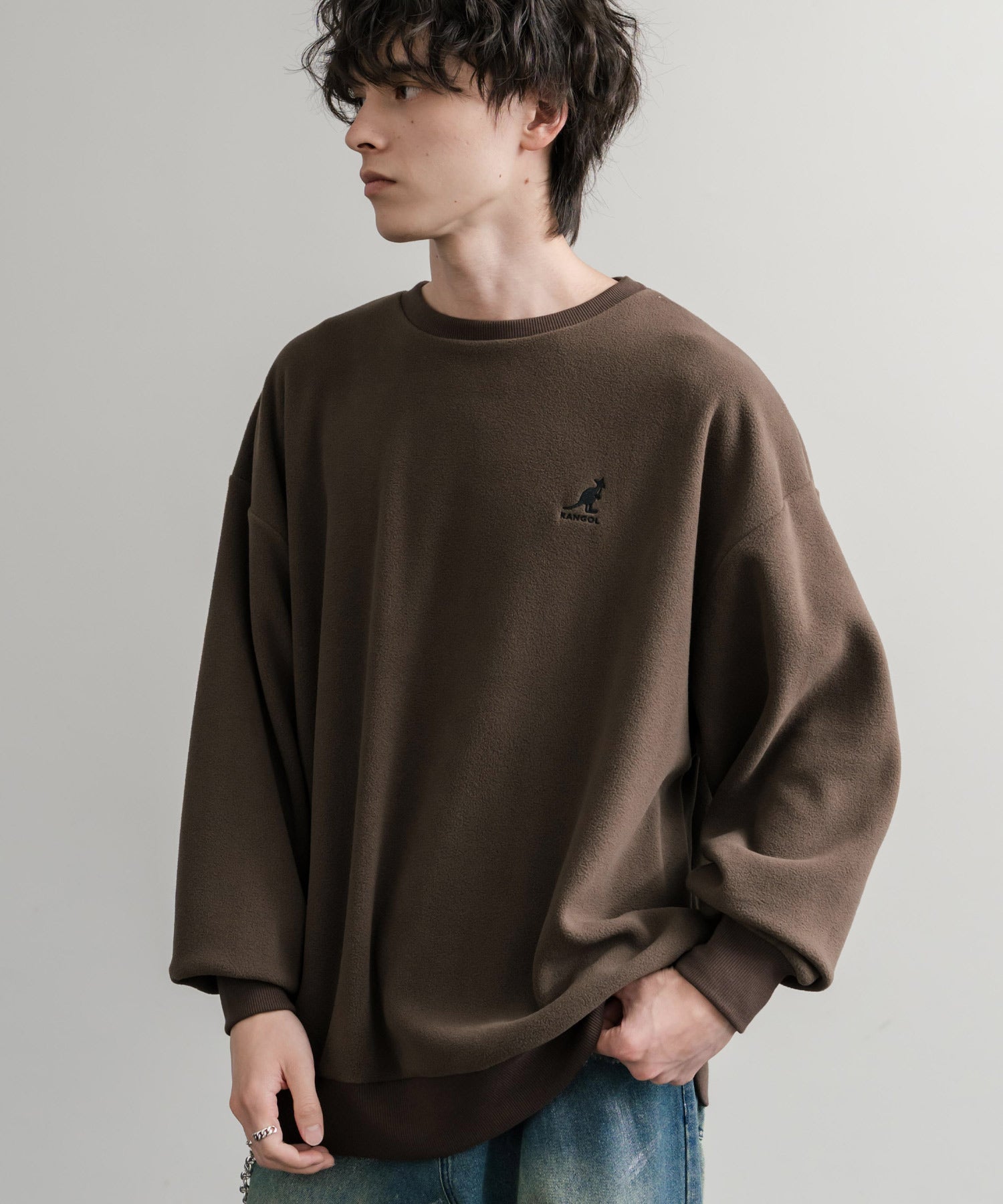 KANGOL 別注コラボ オーバーサイズロゴ刺繍裏起毛マイクロフリースプルオーバートレーナー 14626