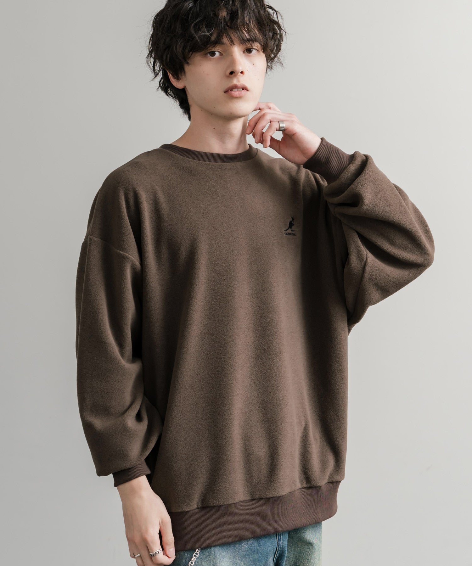 KANGOL 別注コラボ オーバーサイズロゴ刺繍裏起毛マイクロフリースプルオーバートレーナー 14626