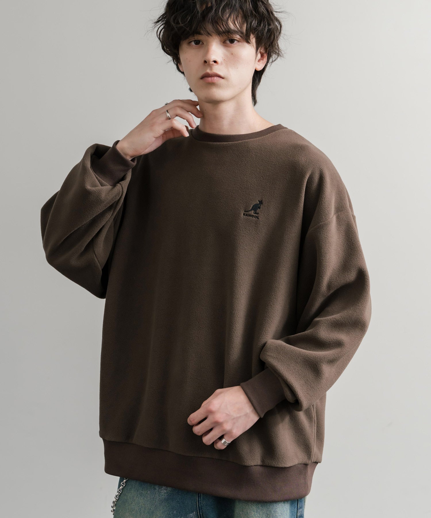 KANGOL 別注コラボ オーバーサイズロゴ刺繍裏起毛マイクロフリースプルオーバートレーナー 14626