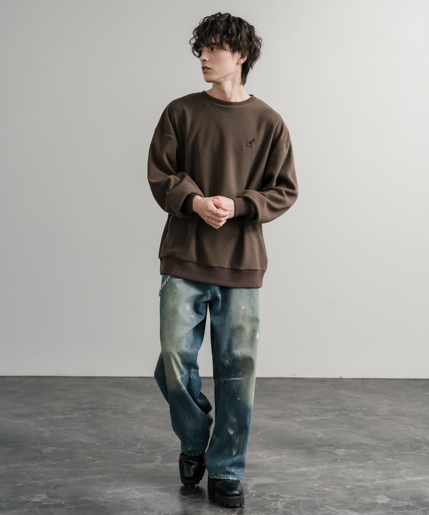 KANGOL 別注コラボ オーバーサイズロゴ刺繍裏起毛マイクロフリースプルオーバートレーナー 14626