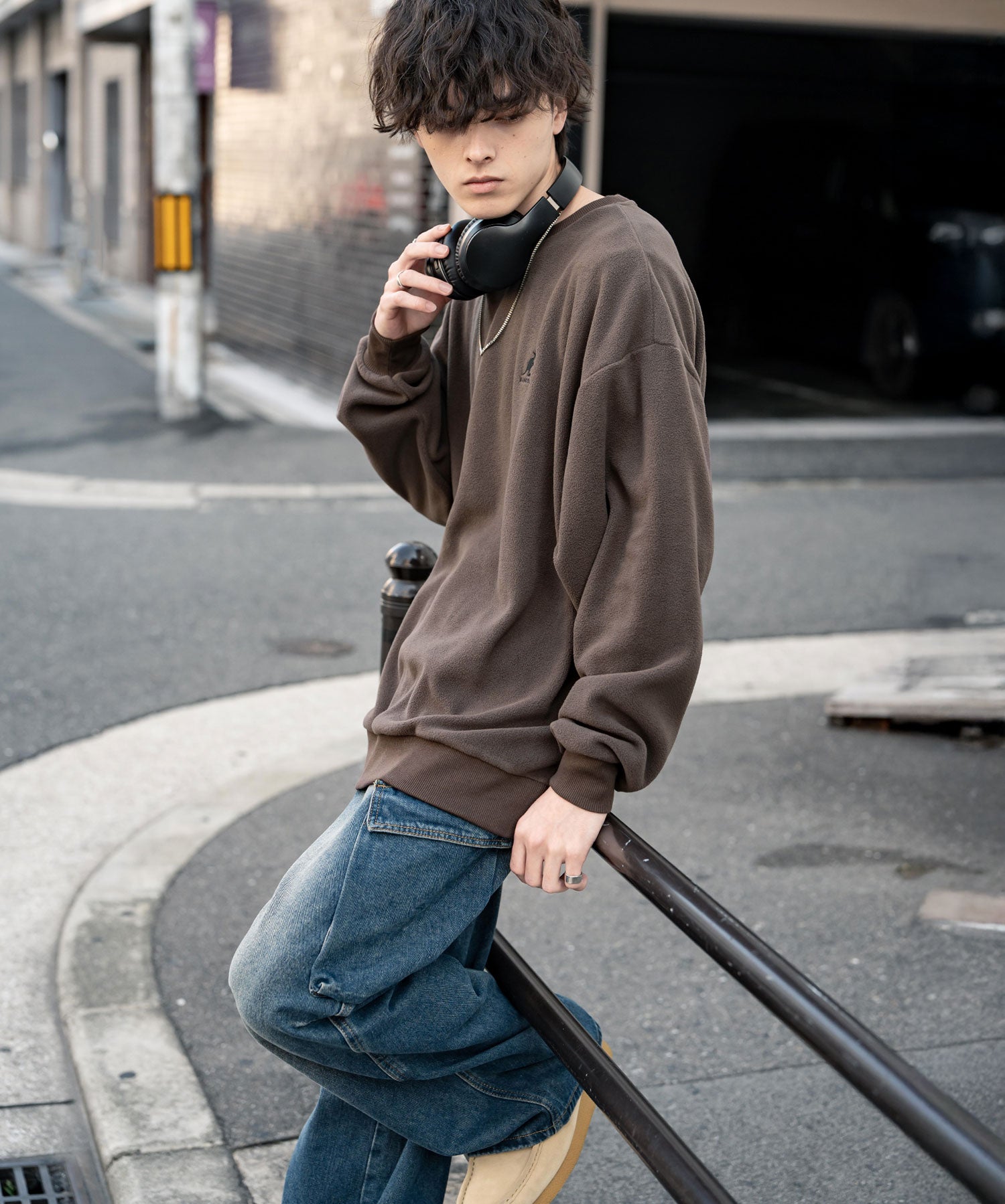 KANGOL 別注コラボ オーバーサイズロゴ刺繍裏起毛マイクロフリースプルオーバートレーナー 14626